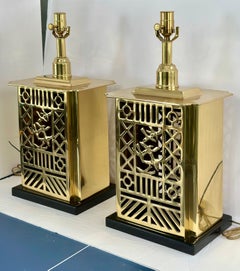 1980s Art Deco Sarreid Lacquered Brass Lattice Table Lamps – a Pair