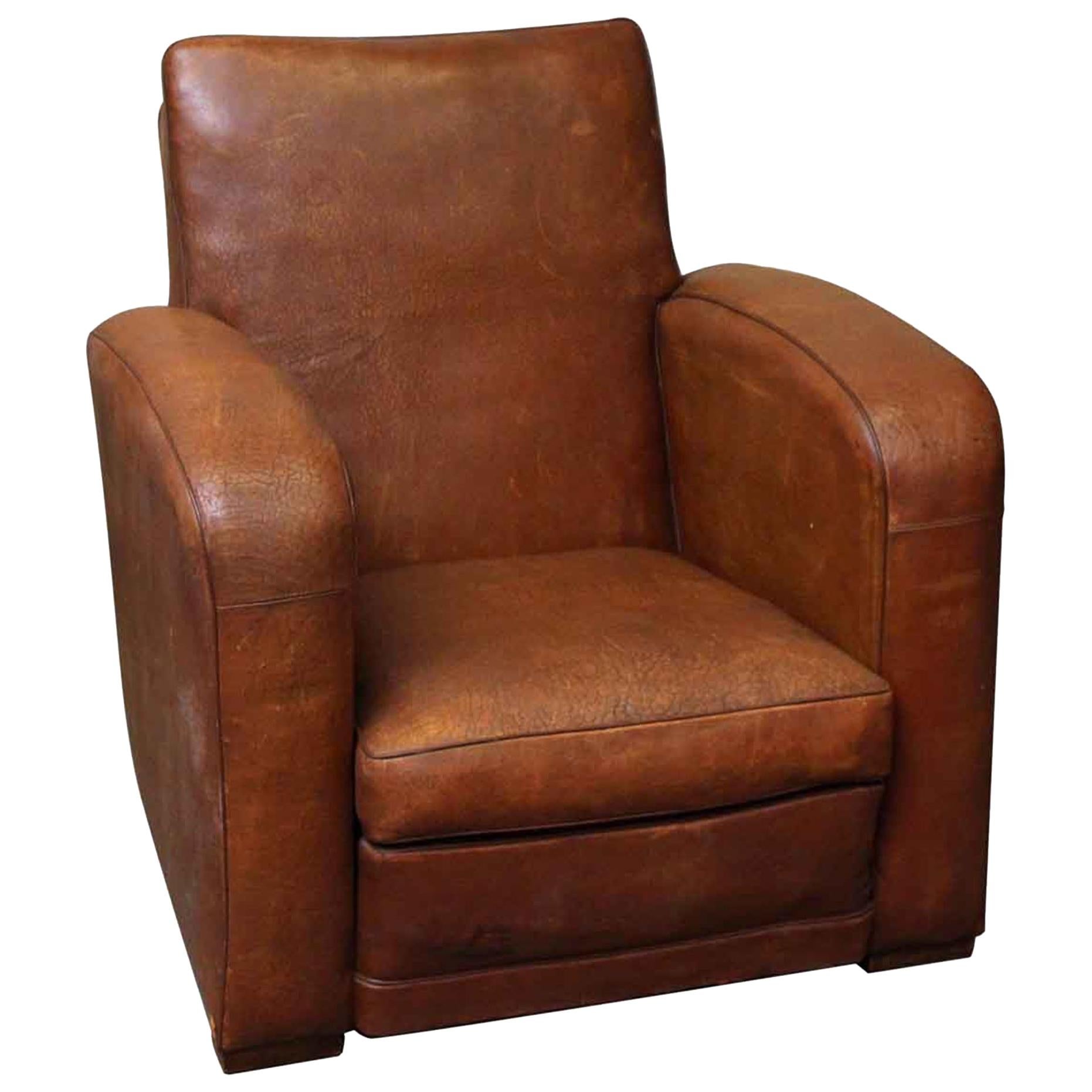 1980s Art Deco Style French Leather Club Chair