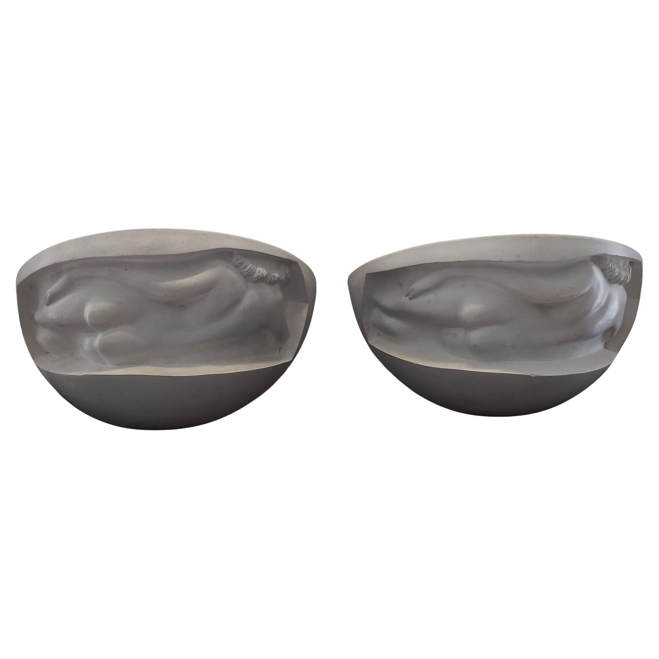1980s Art Deco style pair of wall lights with nude women decor, plaster