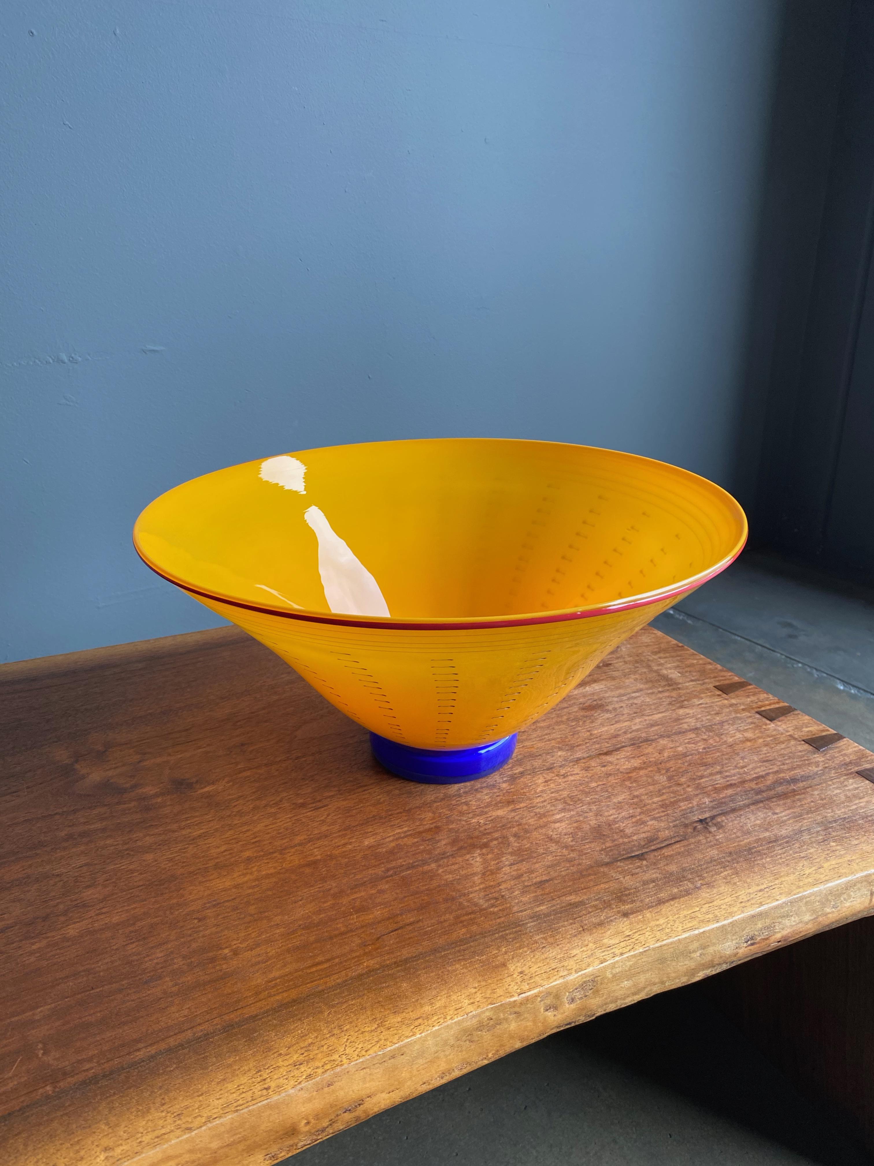 Art glass bowl by artist Bruce Pizichillo, beautiful yellow/orange colors.