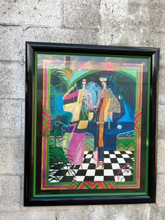 1980s ArtDeco Revival Fashion Illustration Print Framed and Signed by the Artist