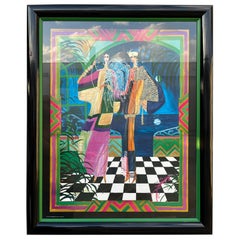 1980s ArtDeco Revival Fashion Illustration Print Framed and Signed by the Artist