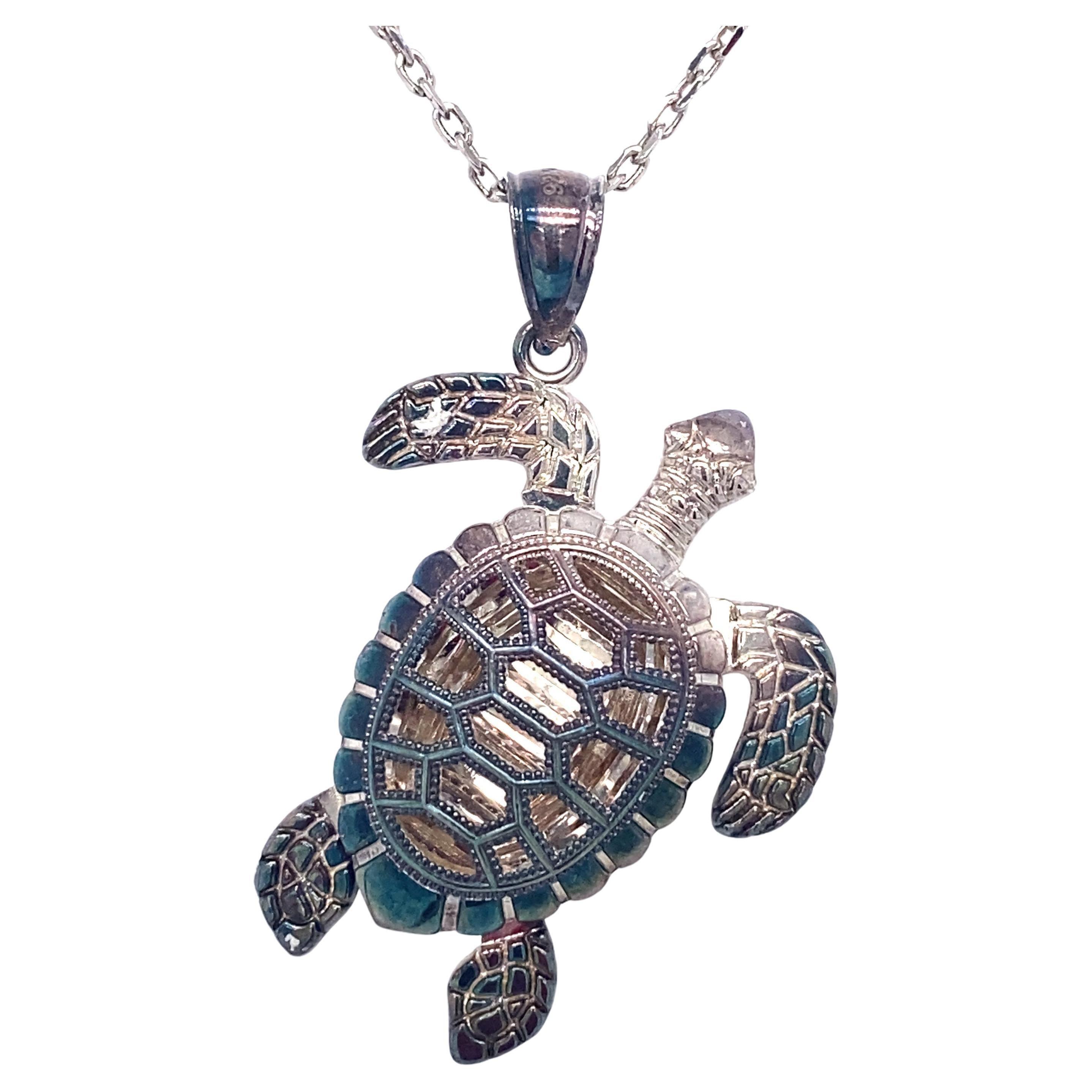 Black Bow Jewelry Sterling Silver and Enameled 3D Green Sea Turtle Clip-On Charm