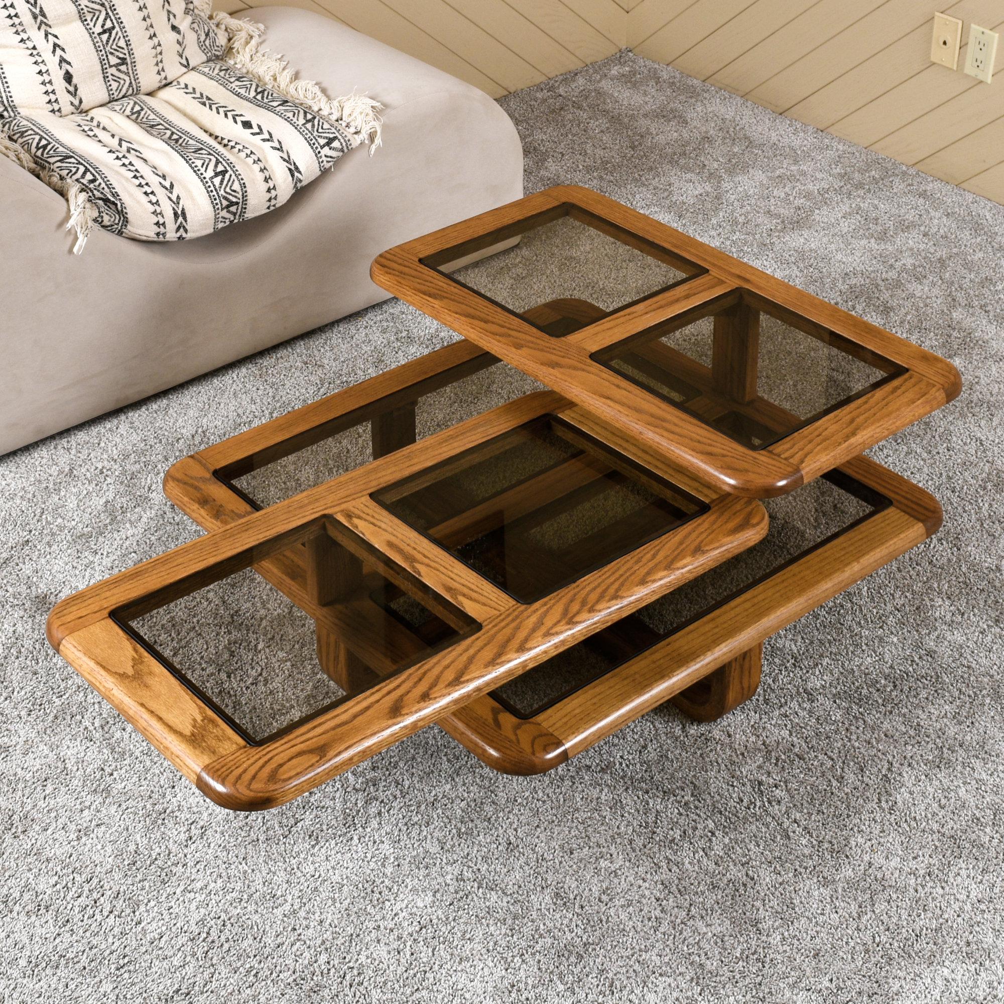 Table basse pivotante carrée en chêne et verre fumé des années 1980 en vente 5