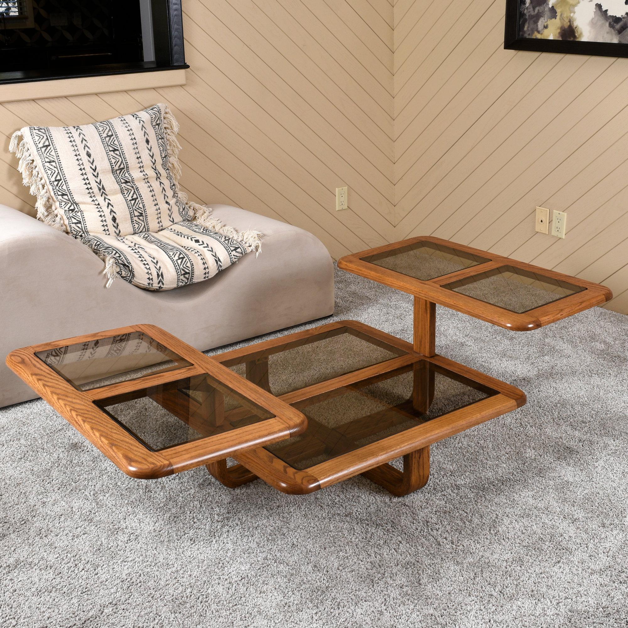 Table basse pivotante carrée en chêne et verre fumé des années 1980 en vente 1