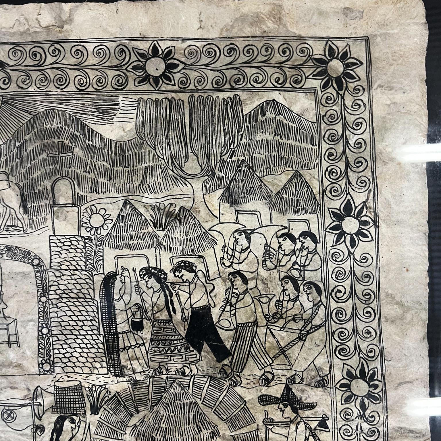 Modern 1980s Artist Bernardo Hernandez Lorenzo Ink on Paper Art Nahua People