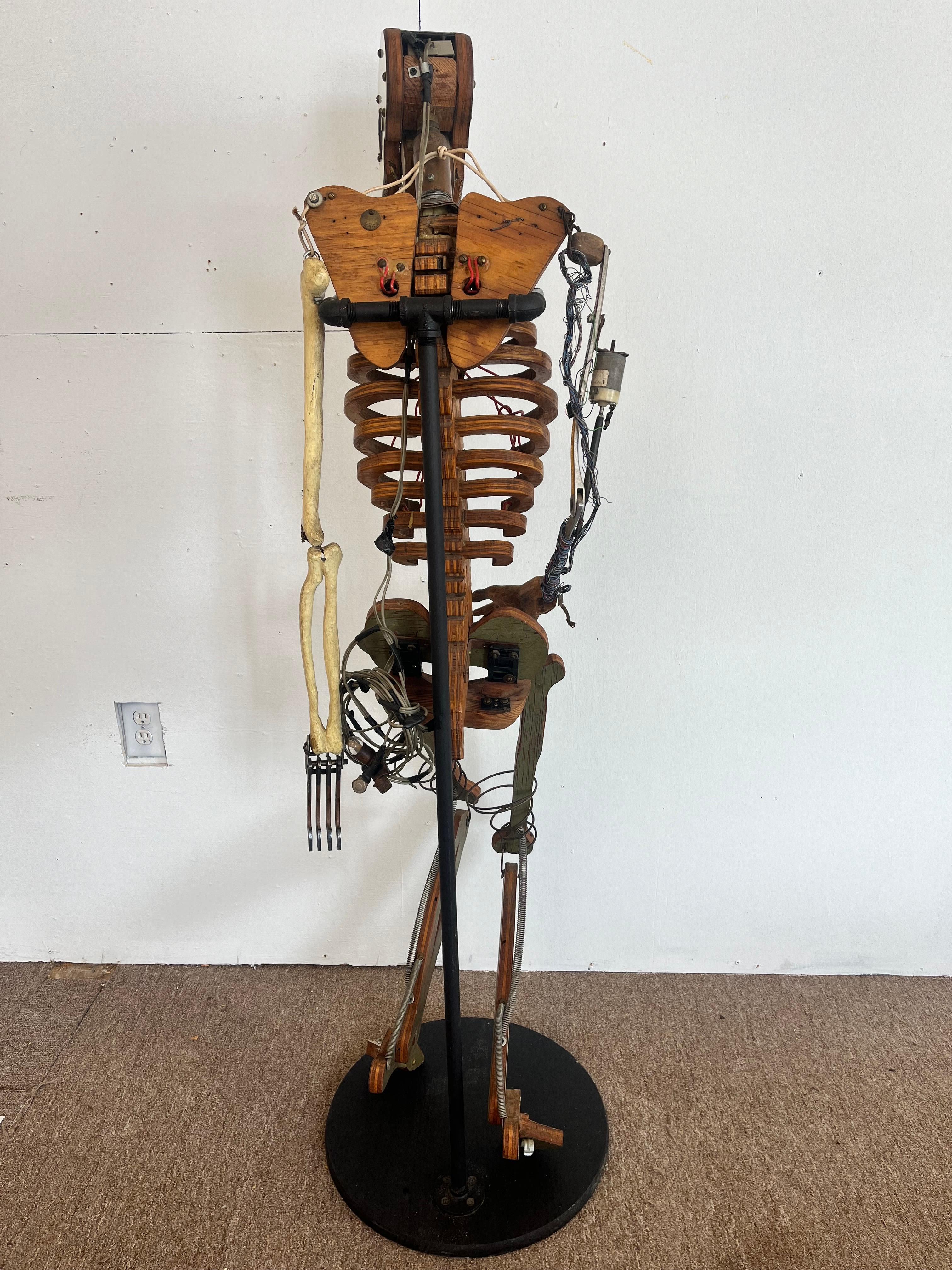 1980’s Artist Made Found Object Carved Wood and Electronic Sculptural Skeleton For Sale 5
