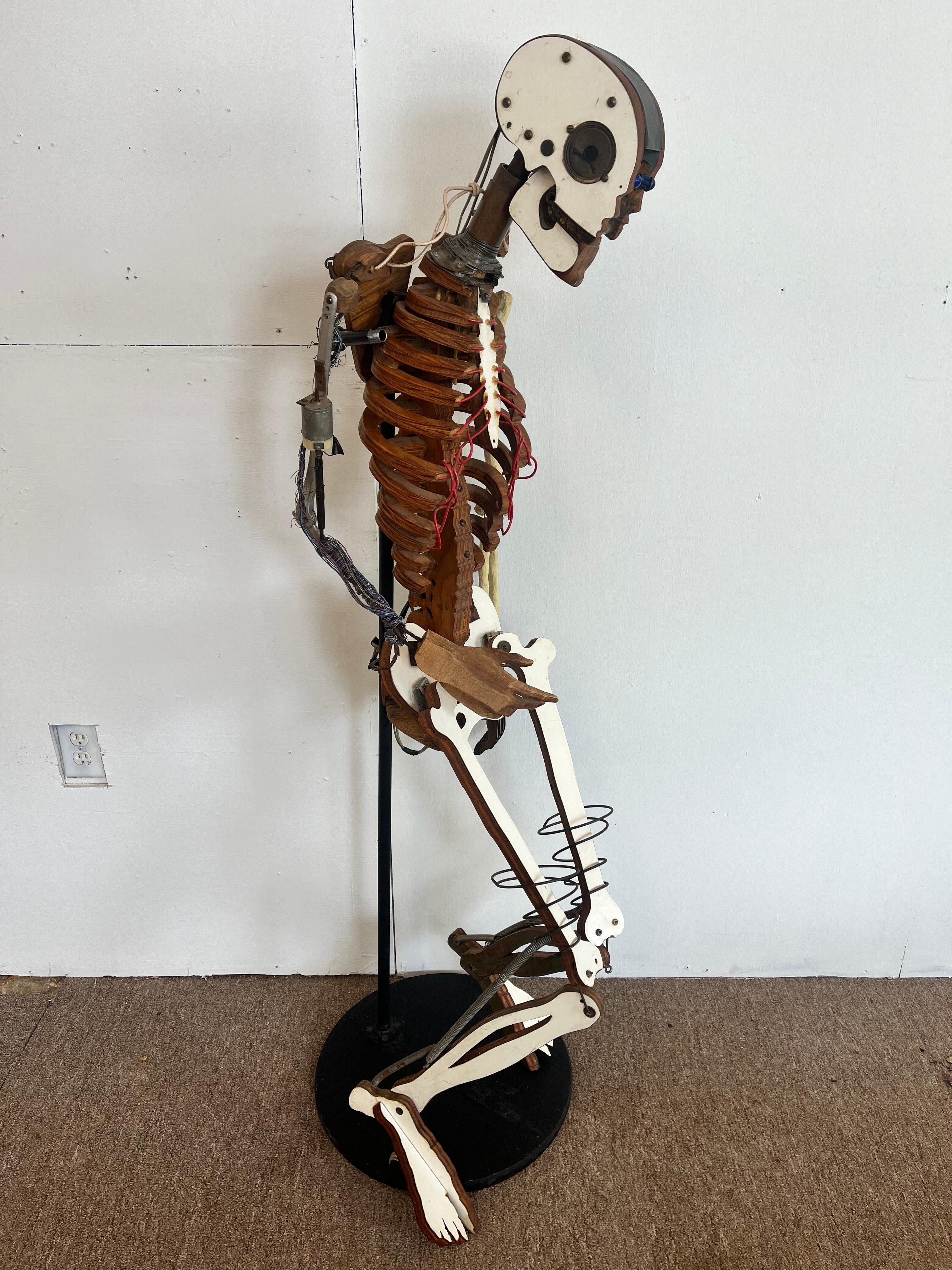 1980’s Artist Made Found Object Carved Wood and Electronic Sculptural Skeleton For Sale 7