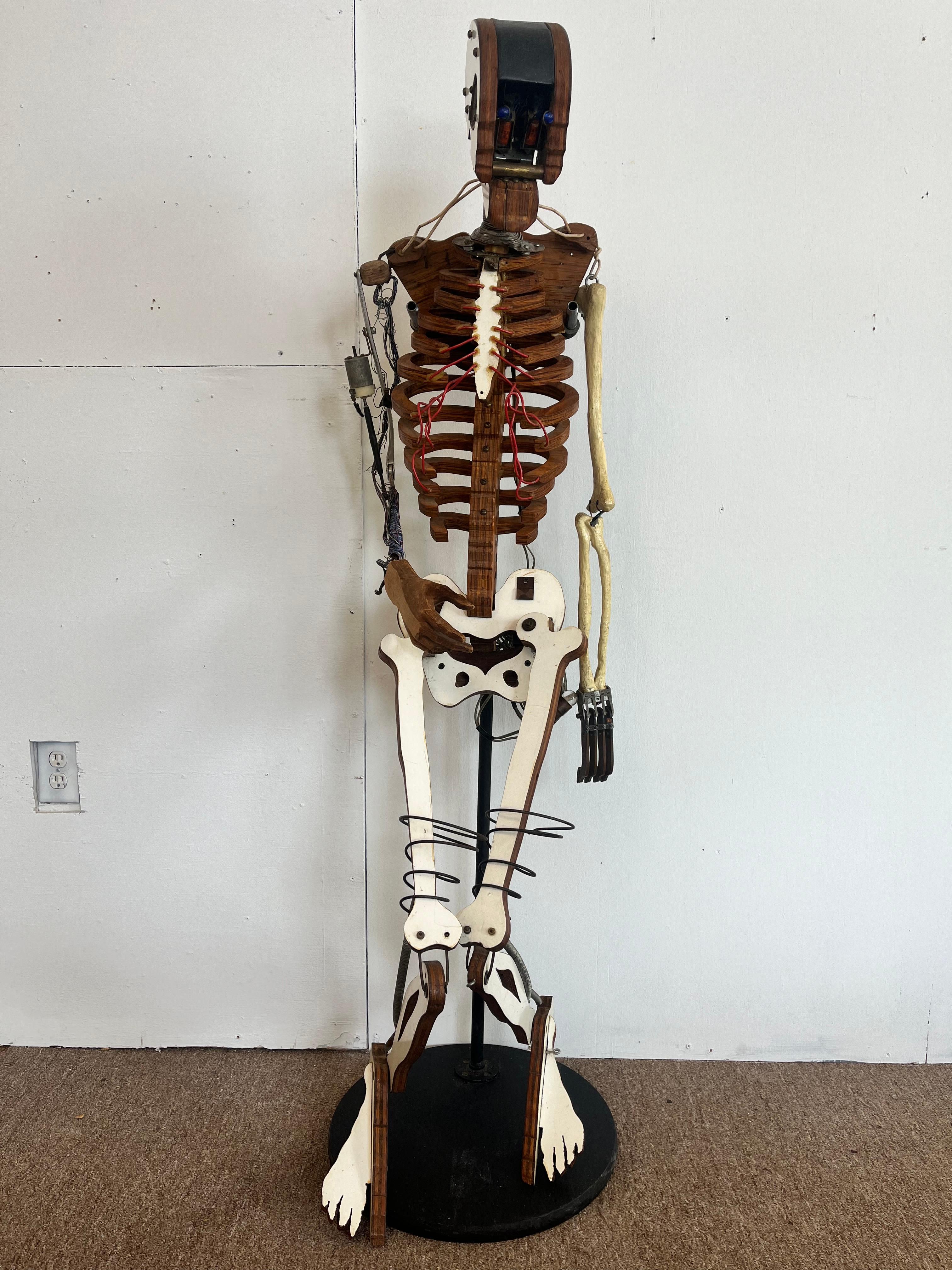 1980’s Artist Made Found Object Carved Wood and Electronic Sculptural Skeleton For Sale 8