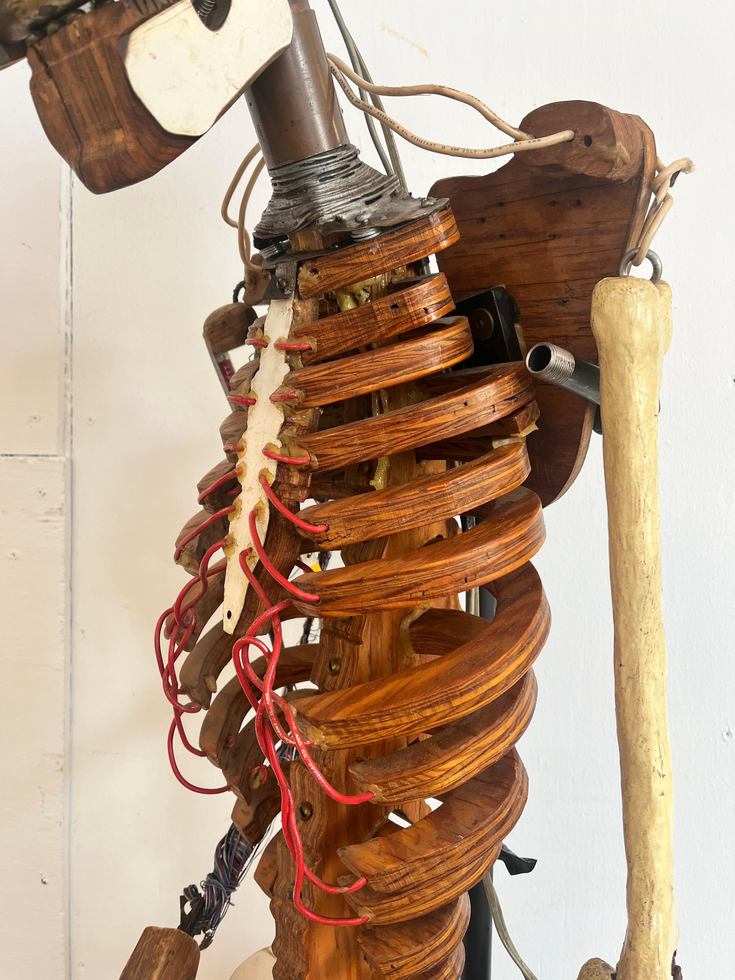 1980’s Artist Made Found Object Carved Wood and Electronic Sculptural Skeleton For Sale 12