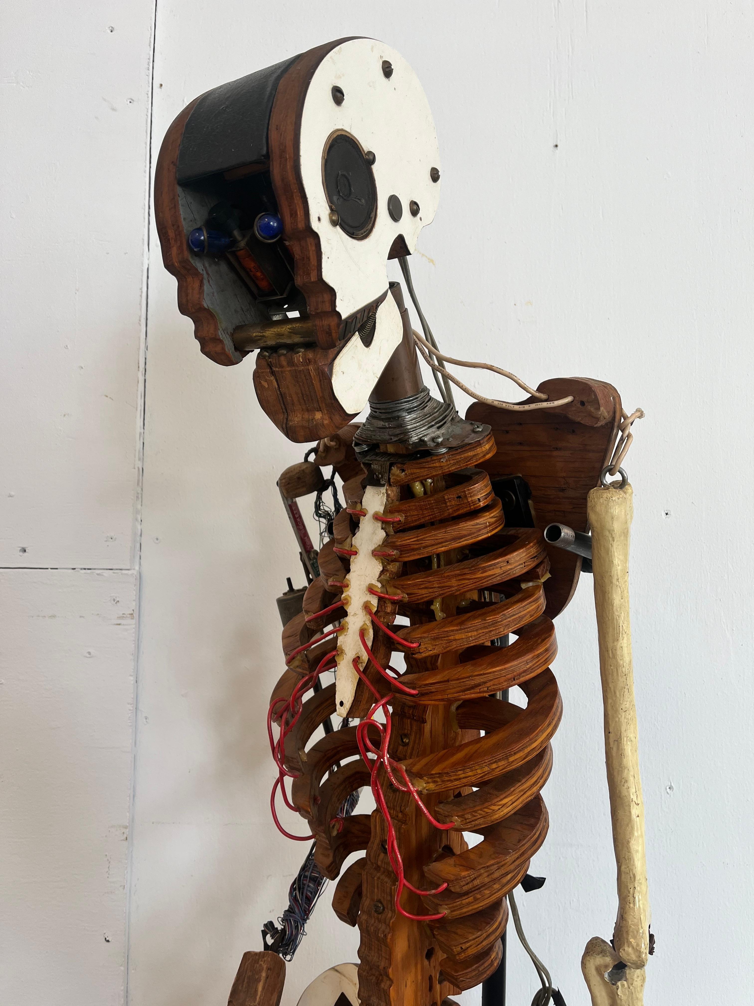 1980’s Artist Made Found Object Carved Wood and Electronic Sculptural Skeleton For Sale 14
