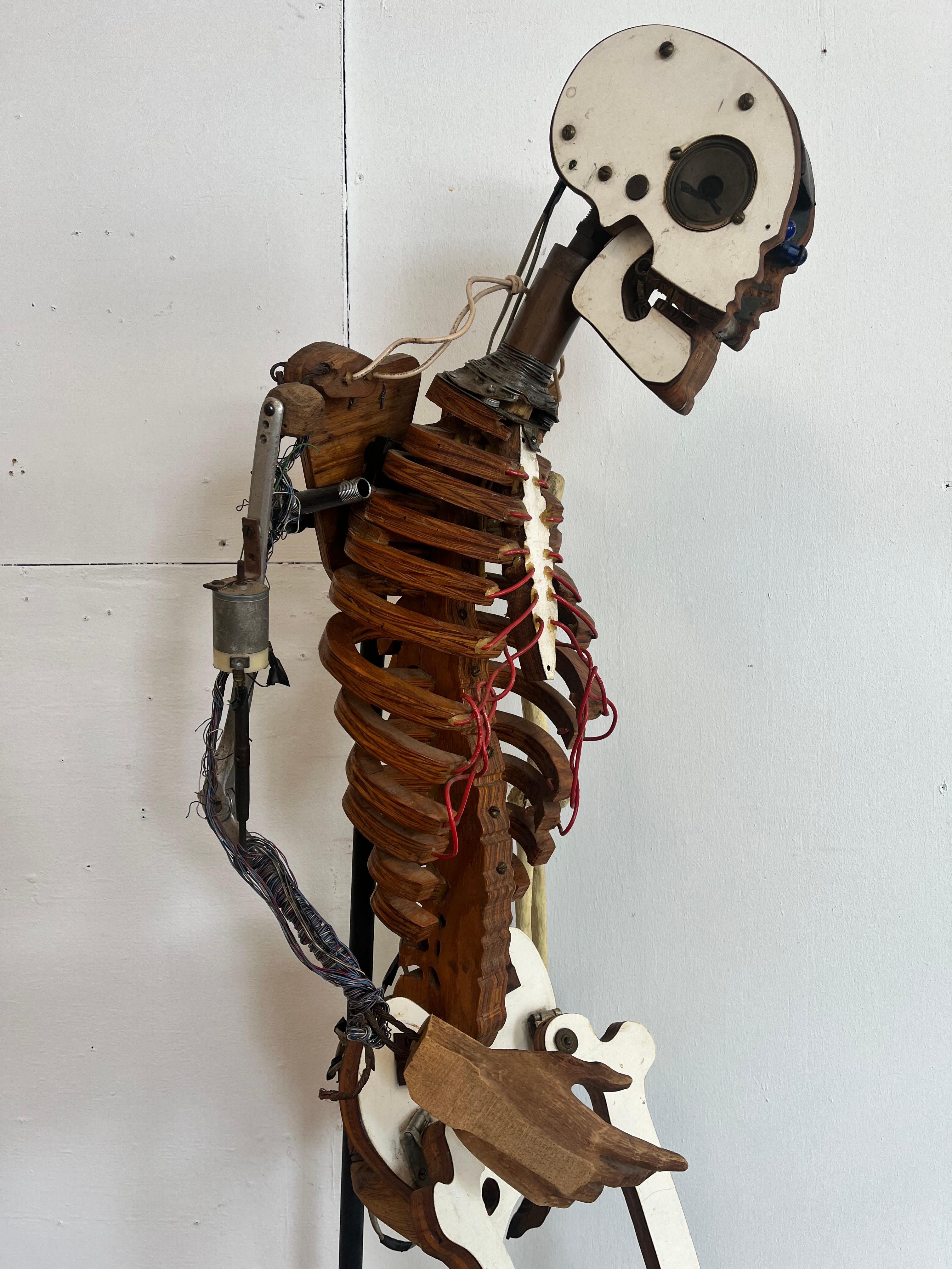 1980’s Artist Made Found Object Carved Wood and Electronic Sculptural Skeleton For Sale 3