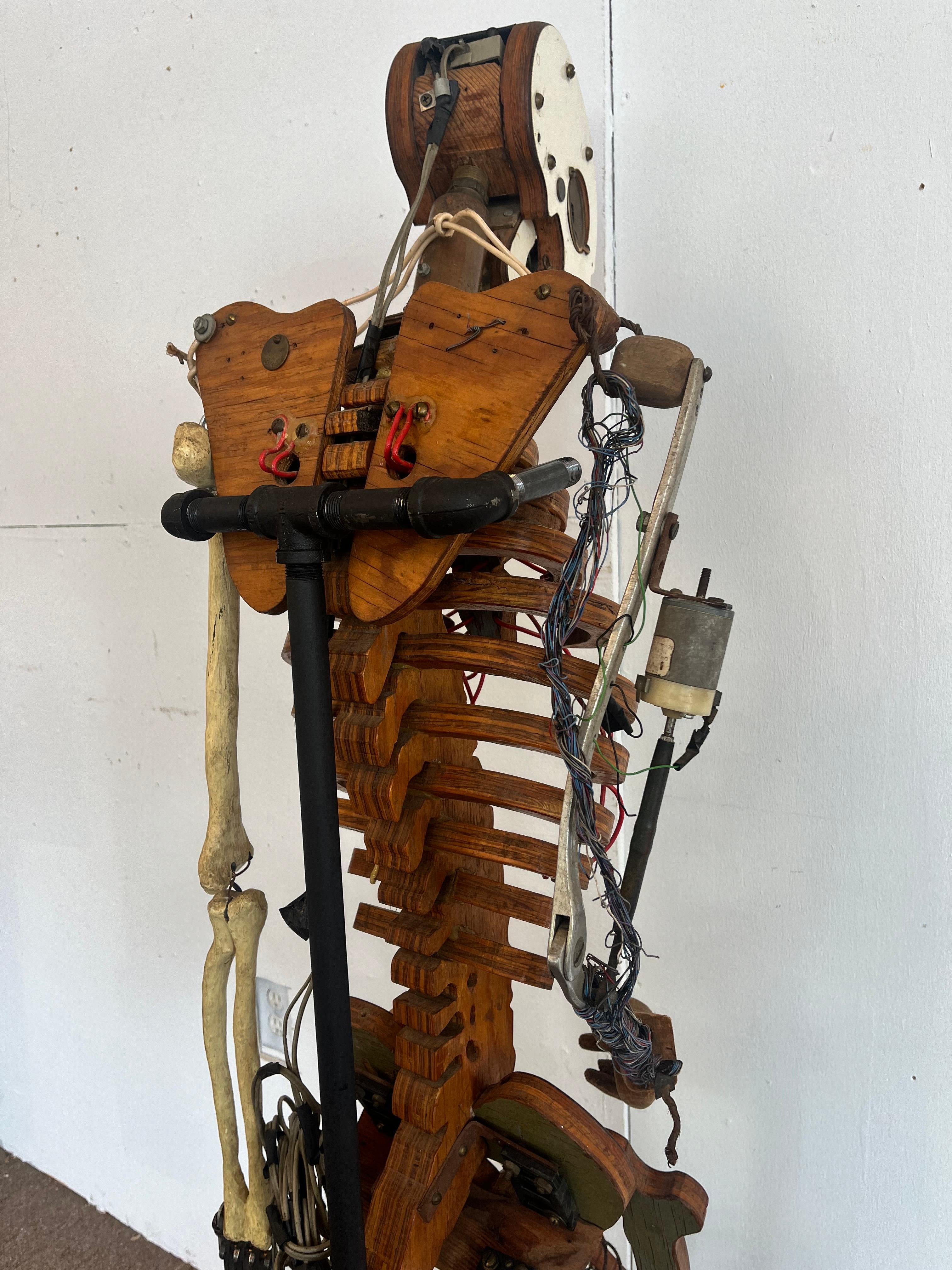 1980’s Artist Made Found Object Carved Wood and Electronic Sculptural Skeleton For Sale 4