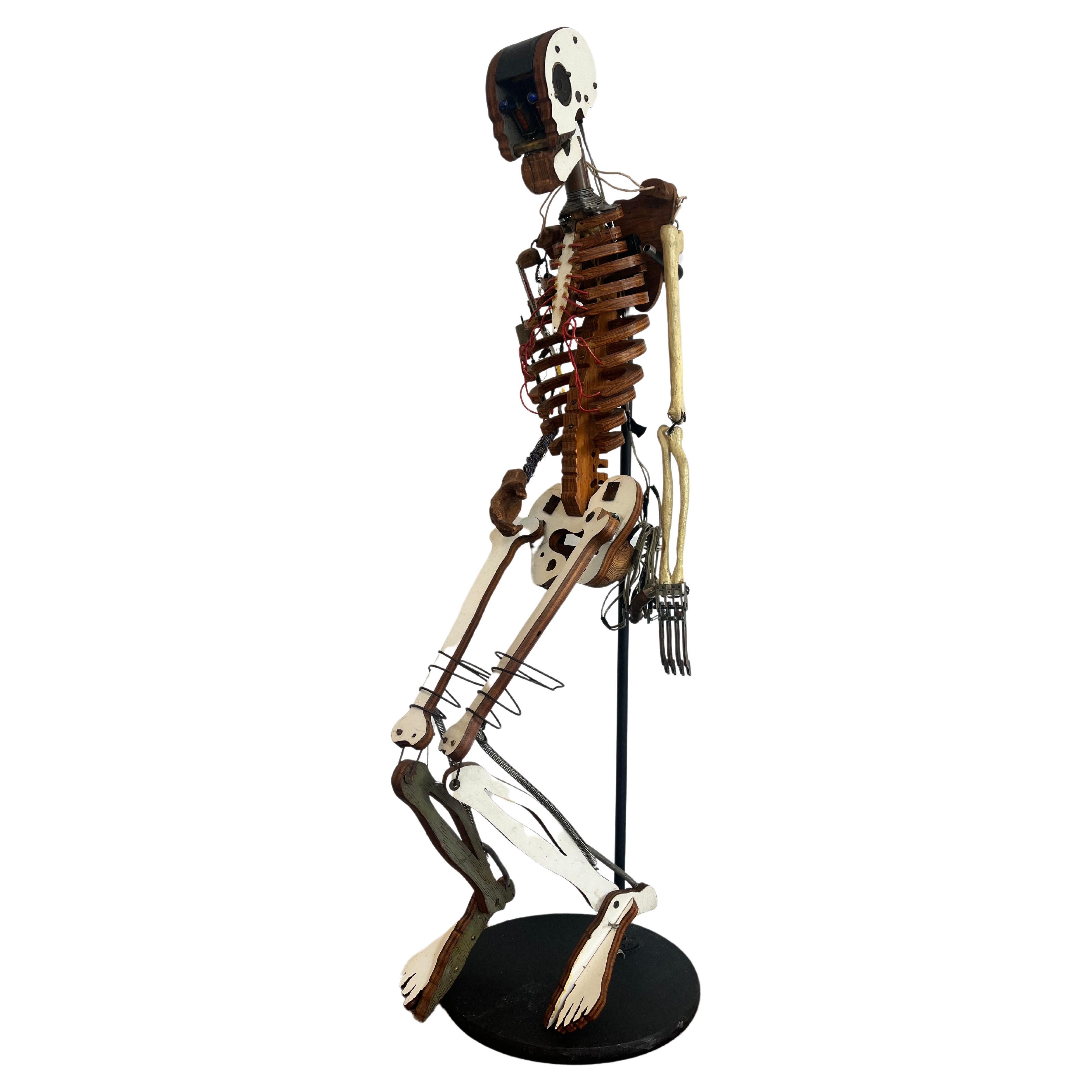 1980’s Artist Made Found Object Carved Wood and Electronic Sculptural Skeleton For Sale