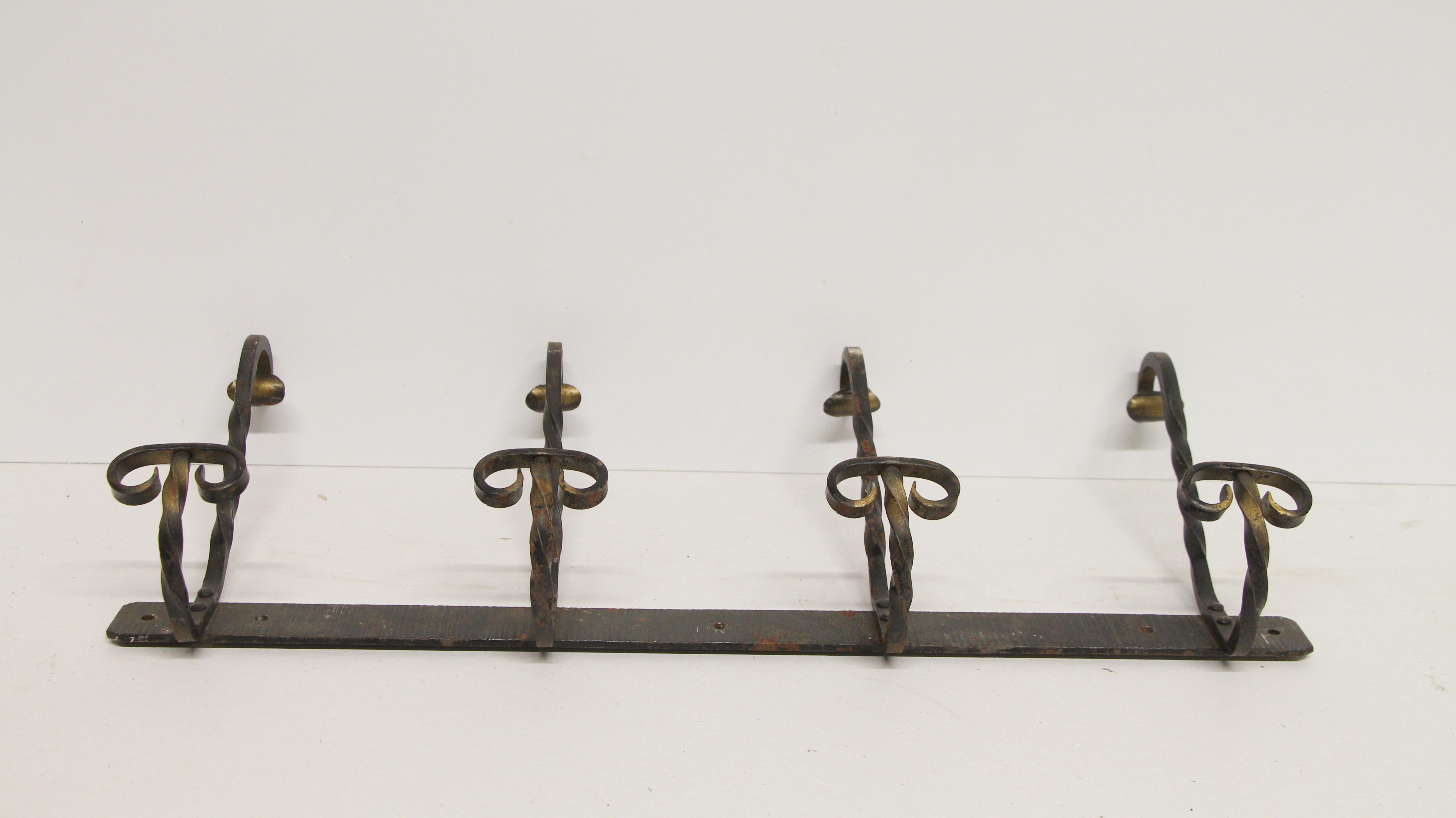 Late 20th Century 1980s Arts & Crafts Black Wrought Iron Four Hook Rack