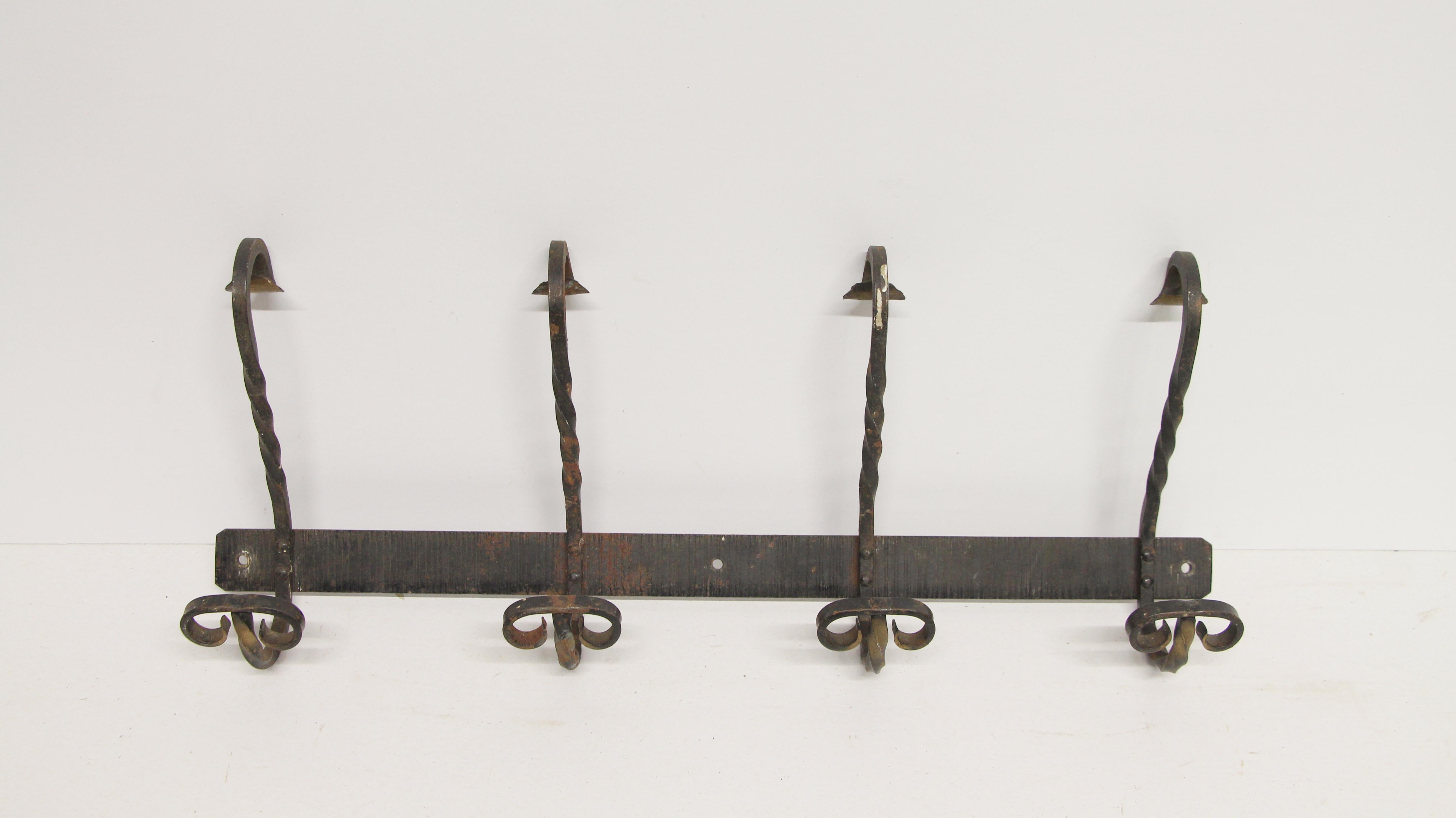 1980s Arts & Crafts Black Wrought Iron Four Hook Rack 3