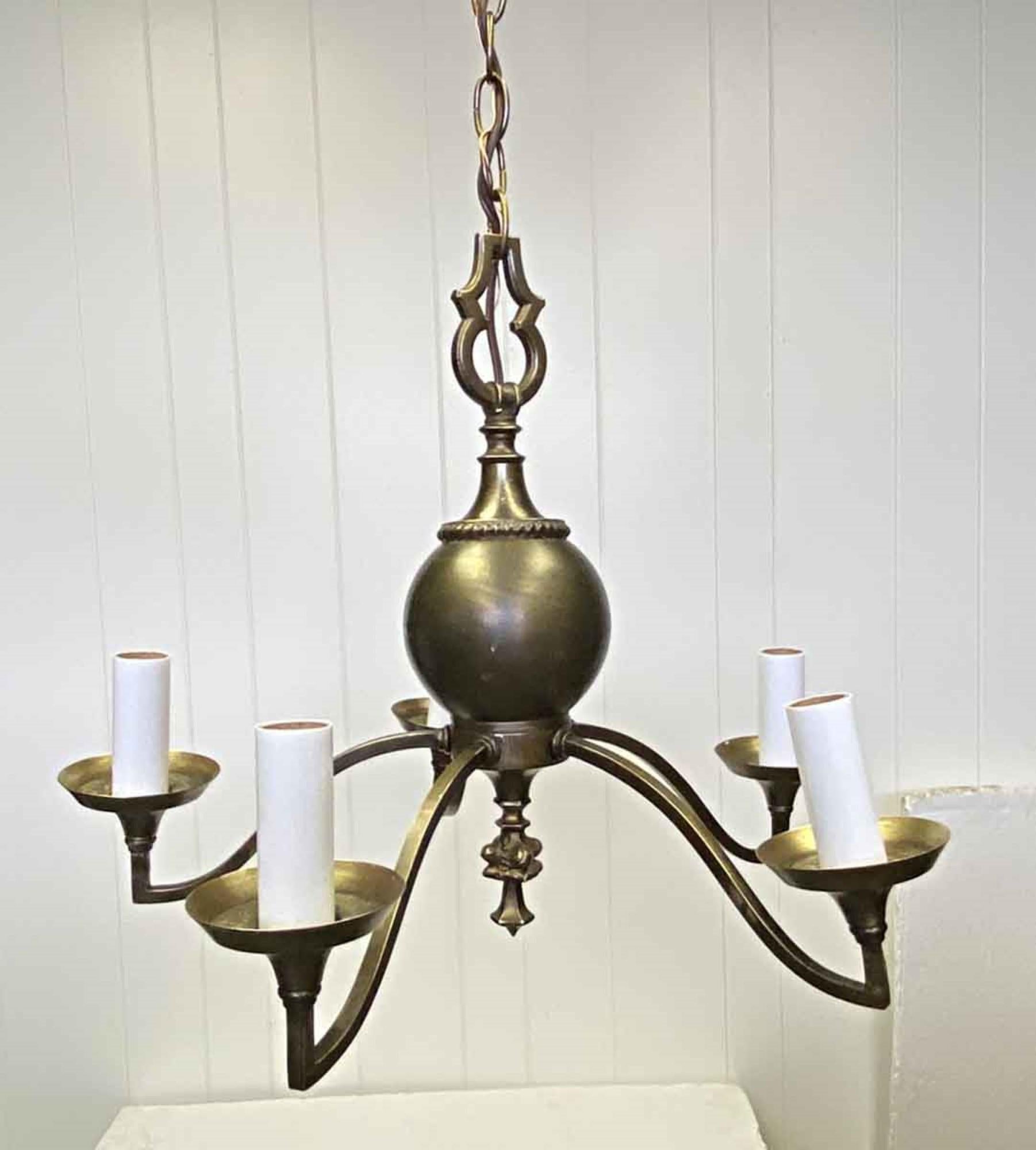 1980s Arts & Crafts style 5-arm brass chandelier with a satin finish. There are some imperfections from age. Priced each. Small quantity available at time of posting. This can be seen at our 400 Gilligan St location in Scranton, PA.