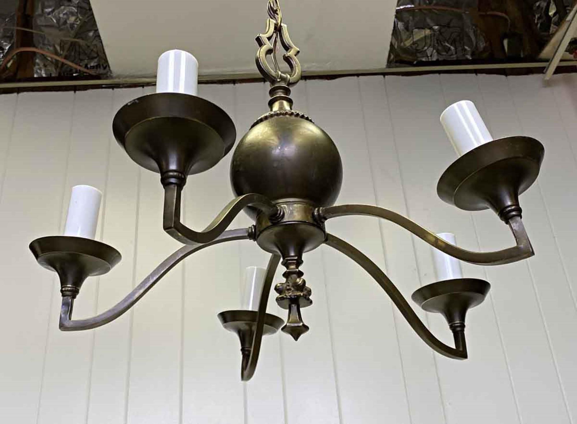 Late 20th Century 1980s Arts & Crafts Style 5-Arm Satin Brass Chandelier, Quantity Available
