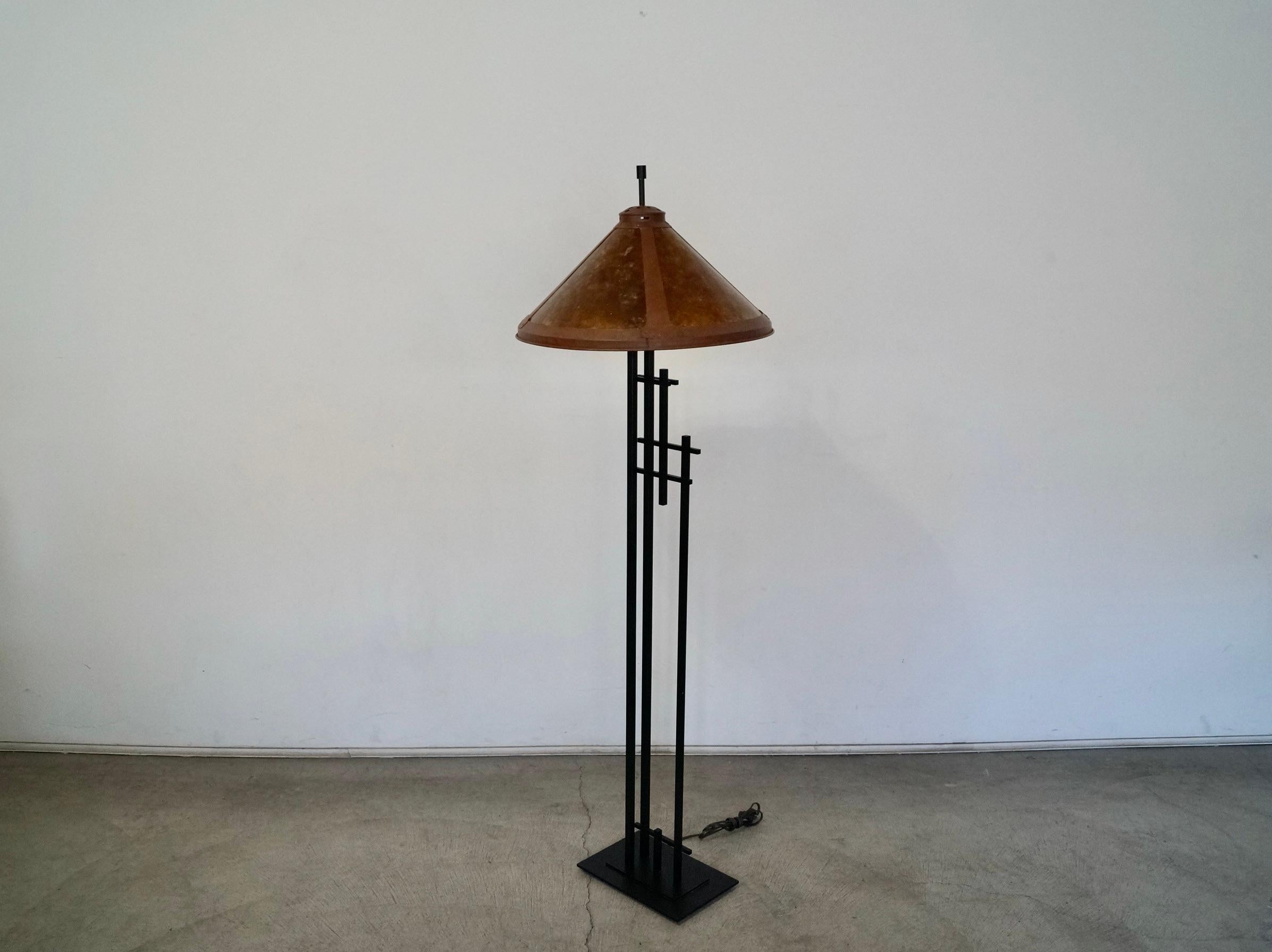 1980's Arts & Crafts Style Metal & Fiberglass Shade Floor Lamp In Good Condition For Sale In Burbank, CA
