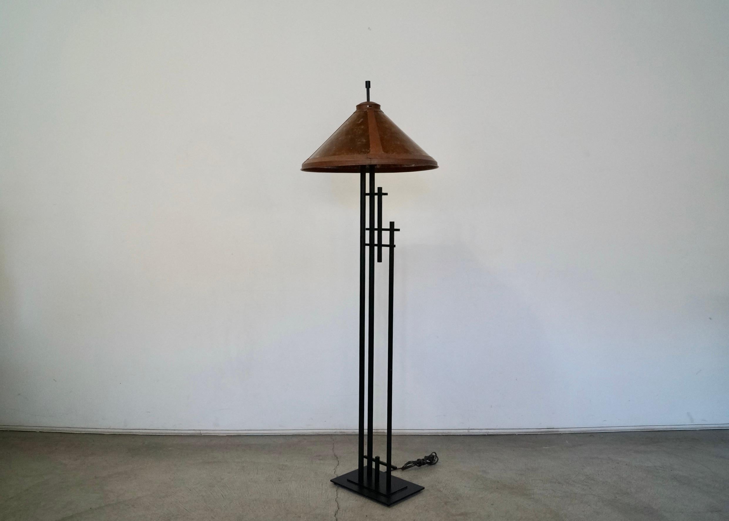 Late 20th Century 1980's Arts & Crafts Style Metal & Fiberglass Shade Floor Lamp For Sale