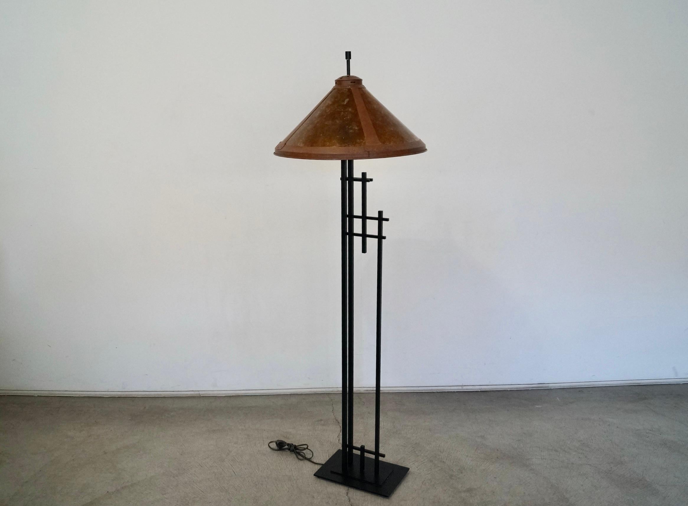 1980's Arts & Crafts Style Metal & Fiberglass Shade Floor Lamp For Sale 2