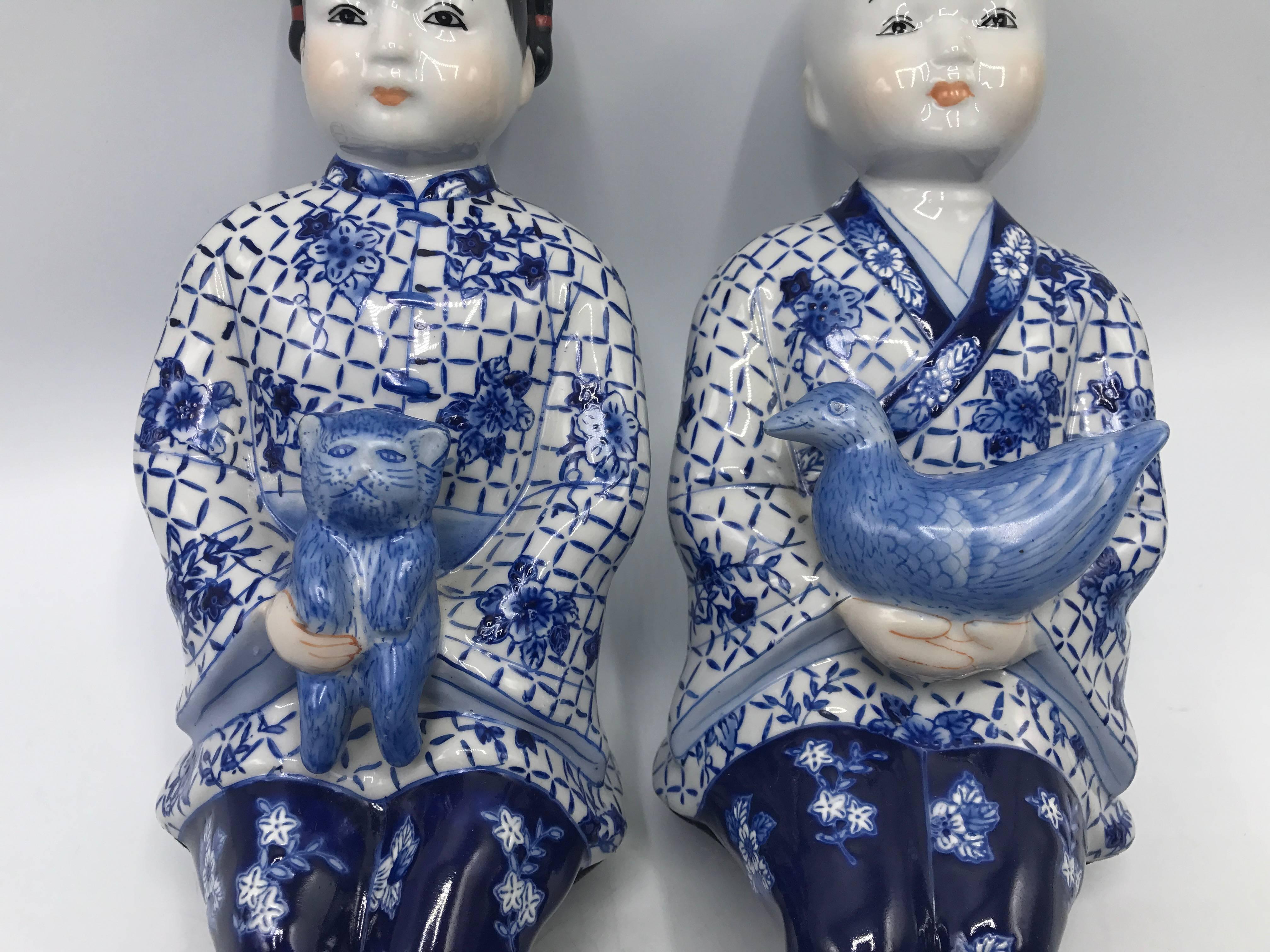 20th Century 1980s Asian Blue and White Sitting Children Sculptures, Pair