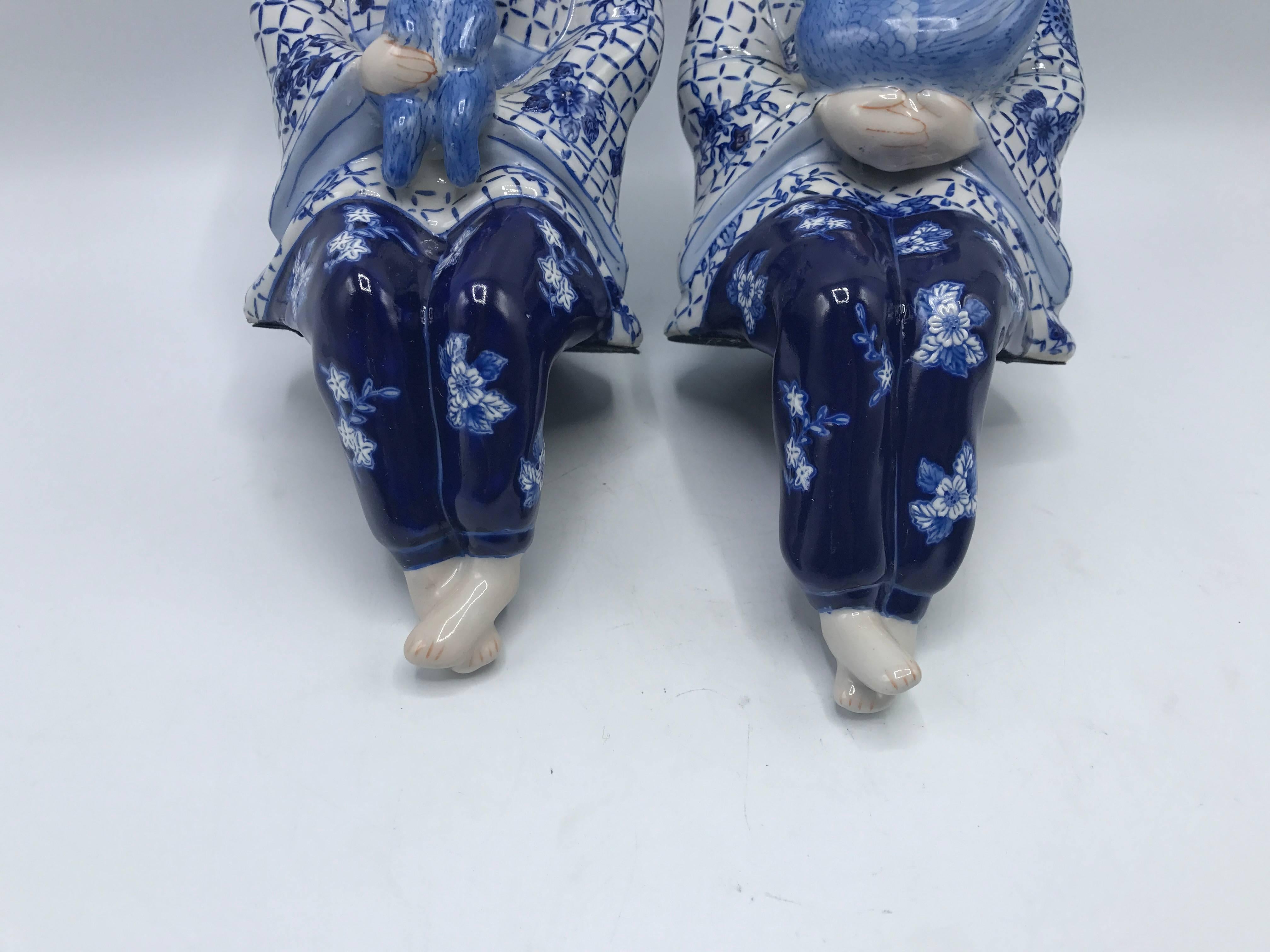 Ceramic 1980s Asian Blue and White Sitting Children Sculptures, Pair