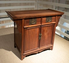 1980s Asian Two Drawer & Two Door Mahogany Console Table w/ Bronze Handles