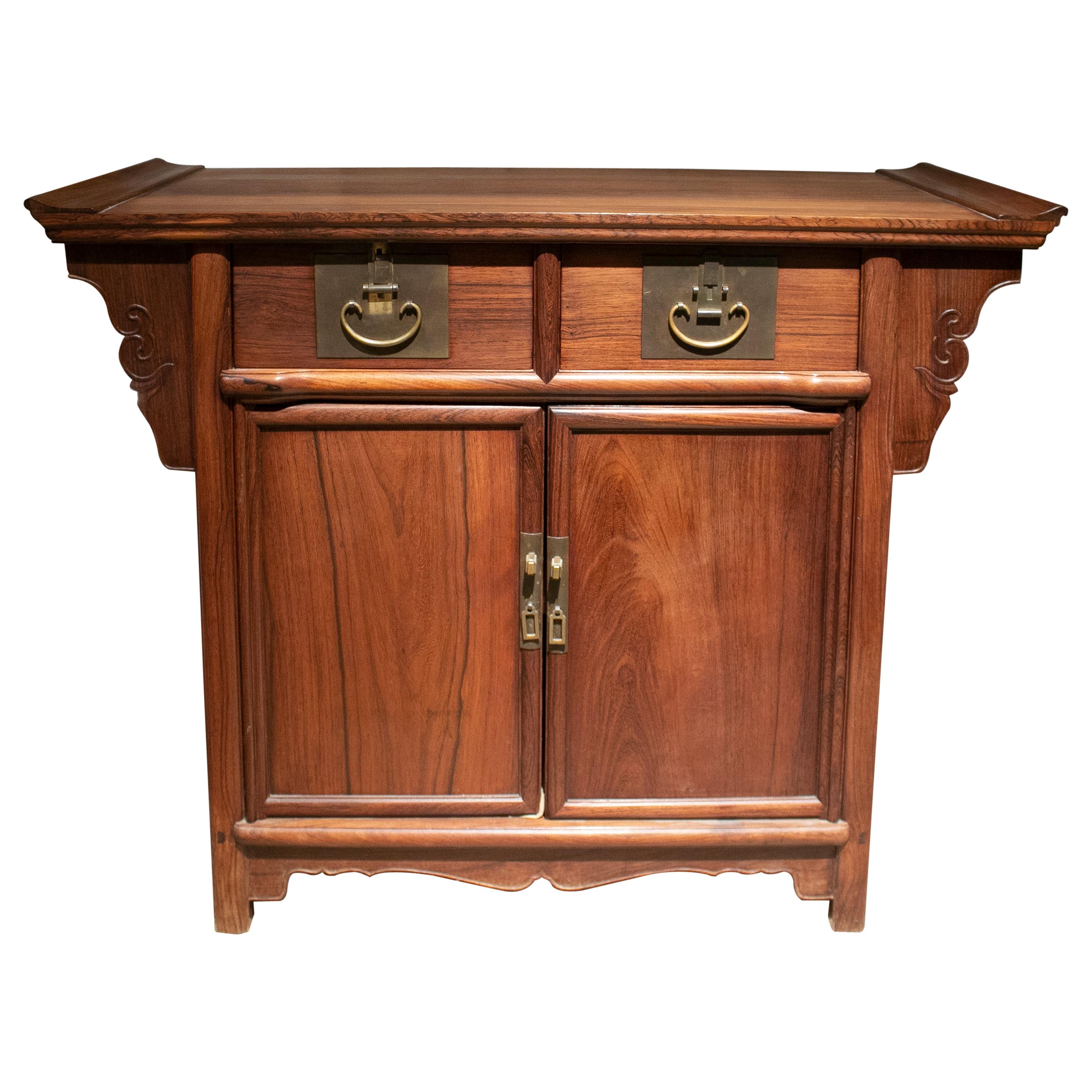 1980s Asian Two Drawer & Two Door Mahogany Console Table w/ Bronze Handles For Sale