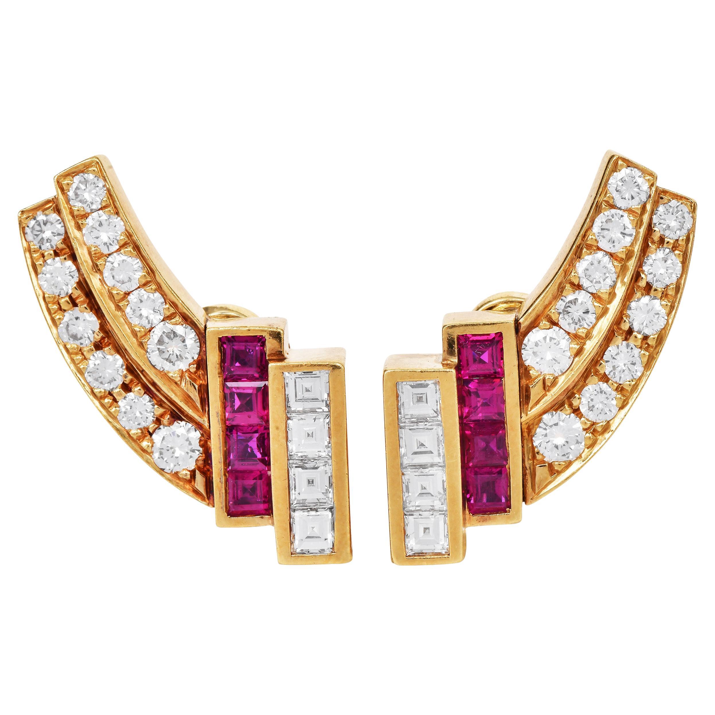 1980s Asscher Diamond Ruby 18K Gold Ear-cuff Clip On Earrings For Sale