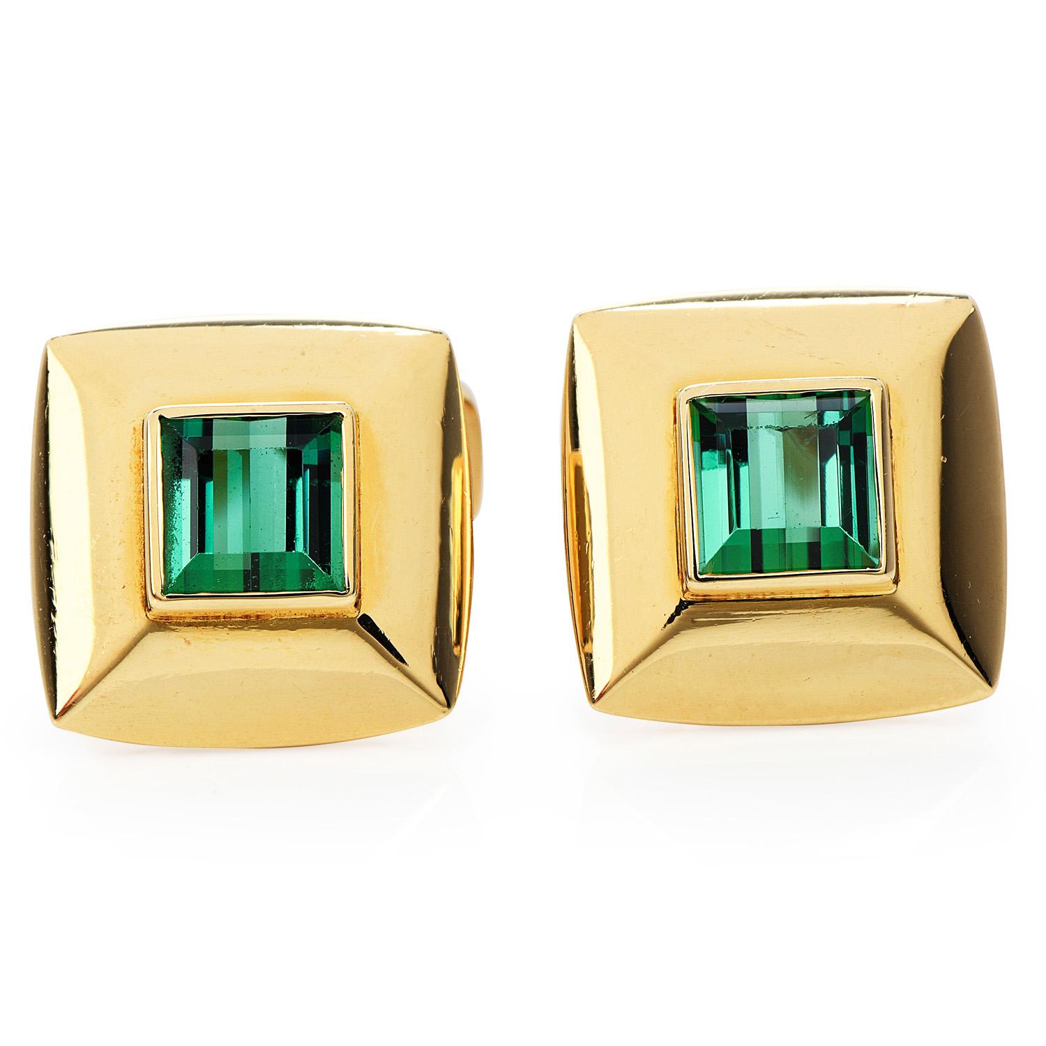 These classic cufflinks are crafted in 18K yellow gold. They are adorned with a pair of Asscher-cut genuine tourmaline, weighing 3.00 carats in total. These handsome  Polished gold cufflinks remain in excellent condition. 
Weight: