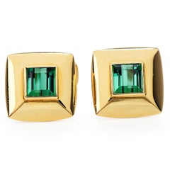 1980's Asscher Tourmaline Yellow Gold Men Cufflinks