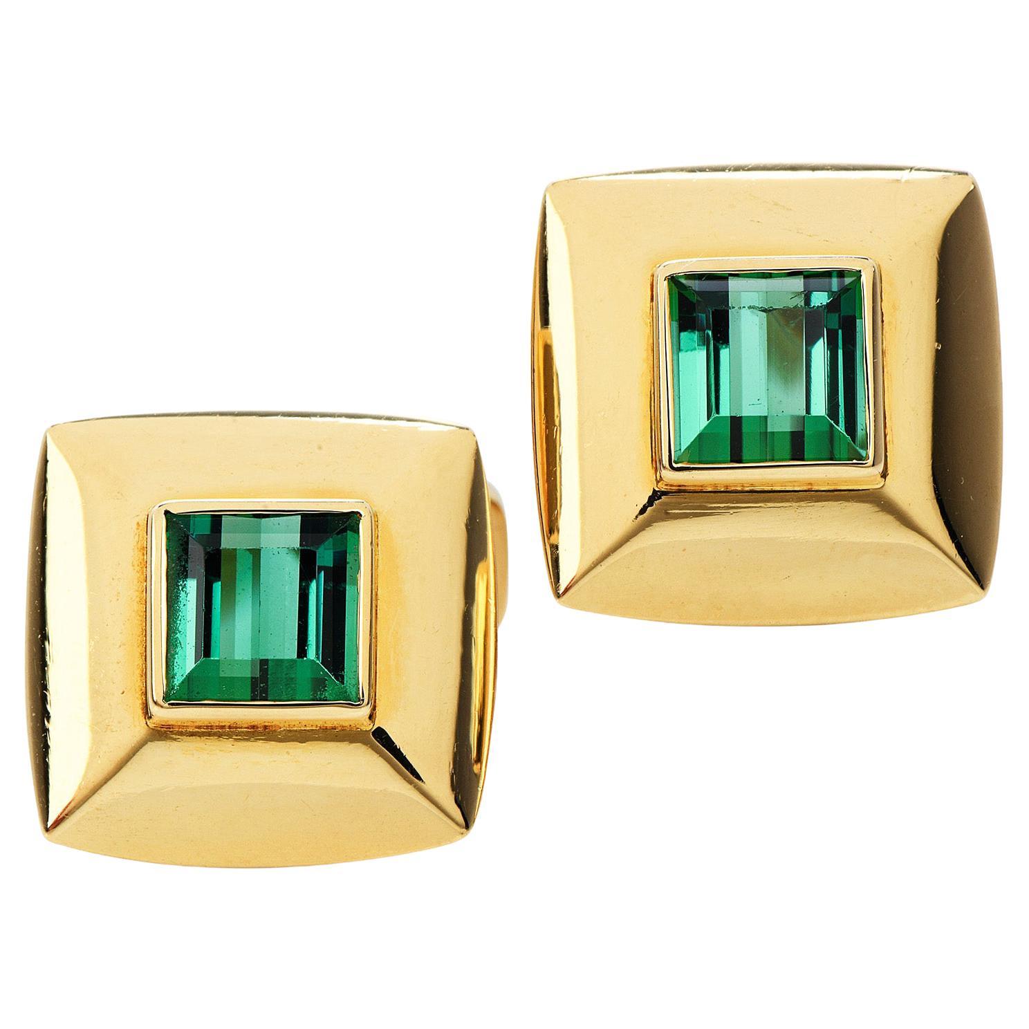 1980's Asscher Tourmaline Yellow Gold Men Cufflinks