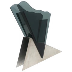 1980s Asymmetrical Smoked Glass and Metal Vase