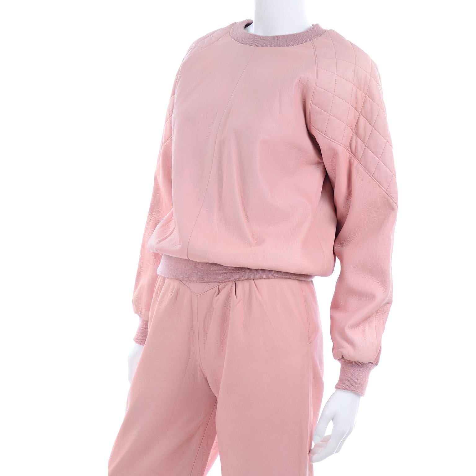 1980s Athleisure Pink Quilted Leather Vintage Tracksuit Sweatshirt Top & Pants 4