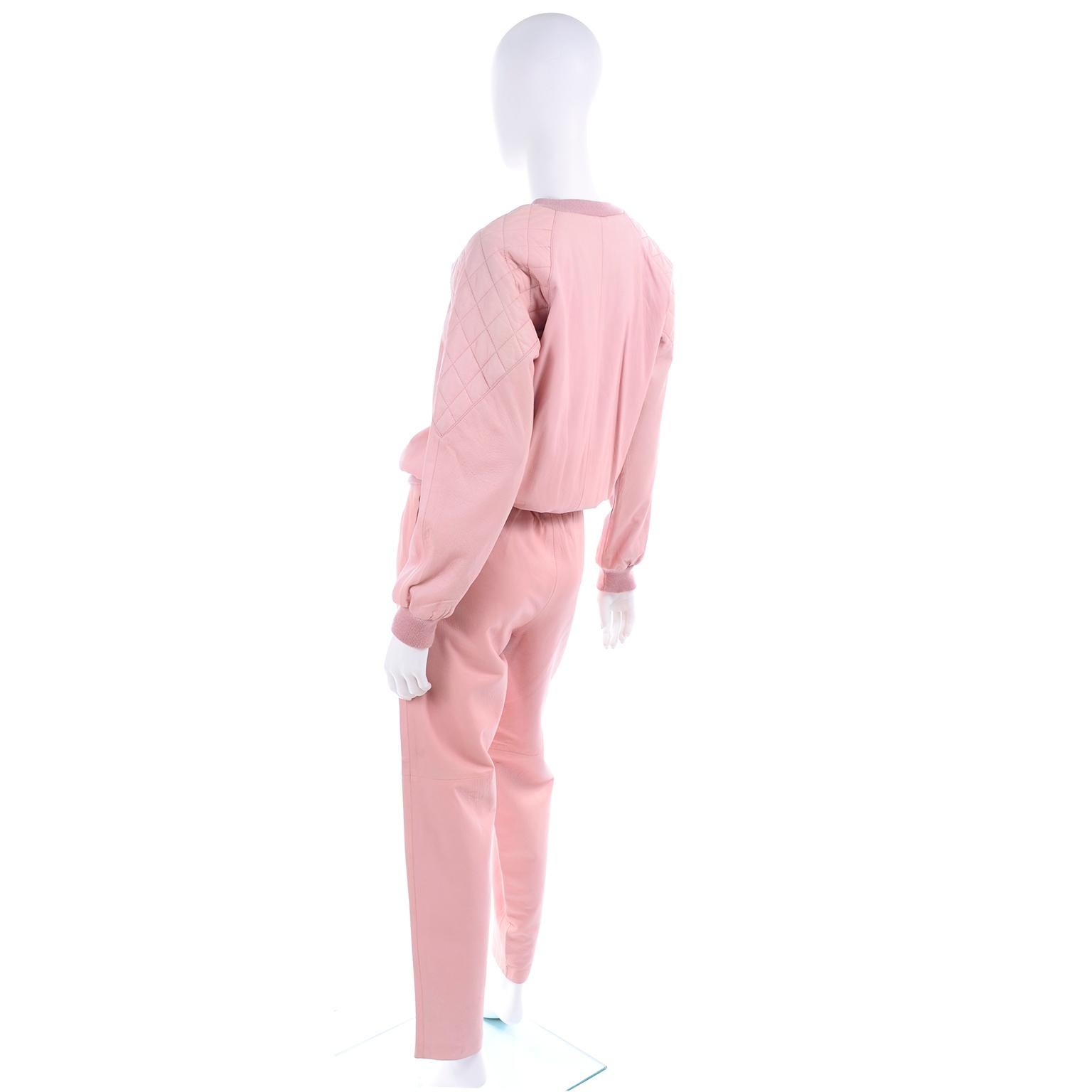 1980s Athleisure Pink Quilted Leather Vintage Tracksuit Sweatshirt Top & Pants In Good Condition In Portland, OR