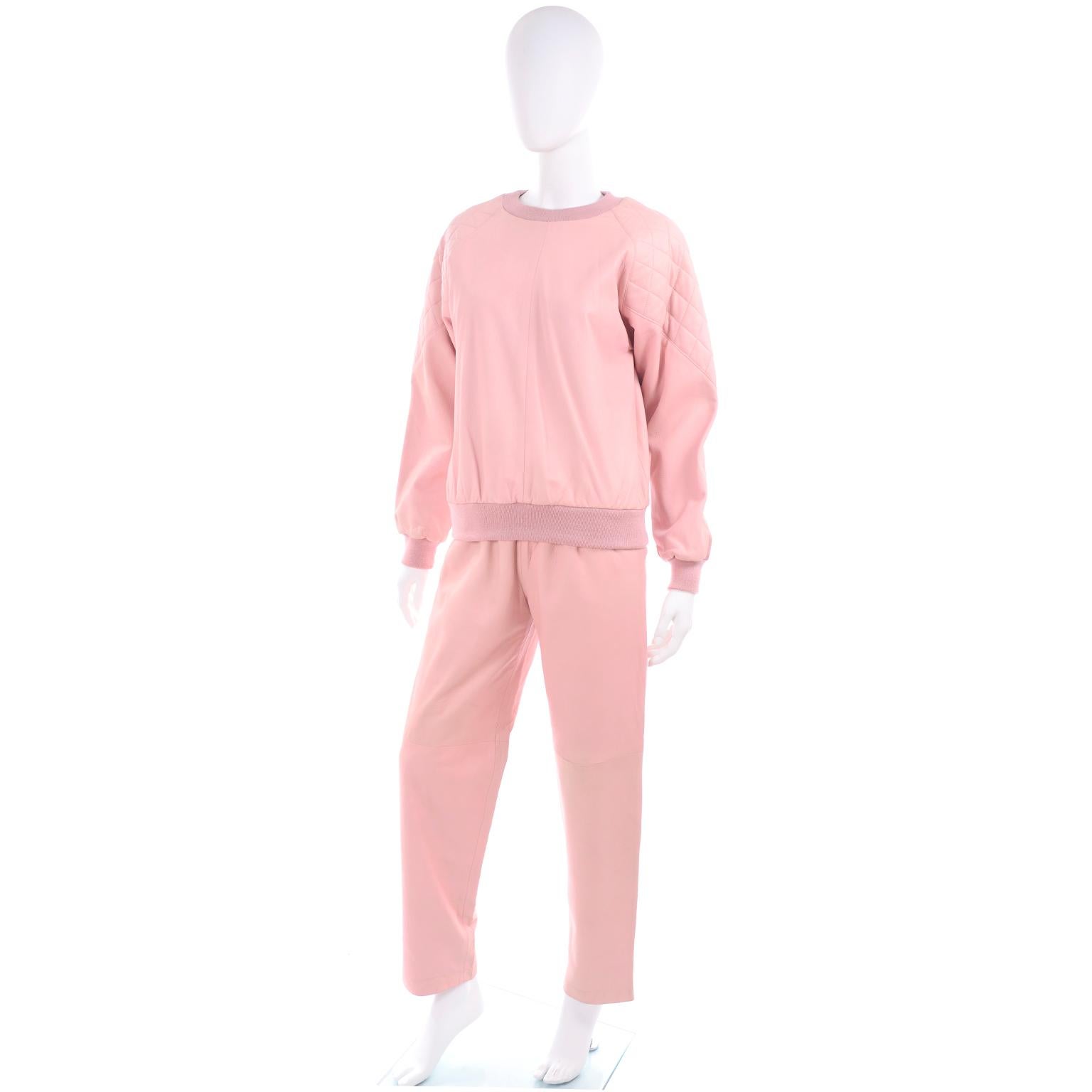 Women's 1980s Athleisure Pink Quilted Leather Vintage Tracksuit Sweatshirt Top & Pants
