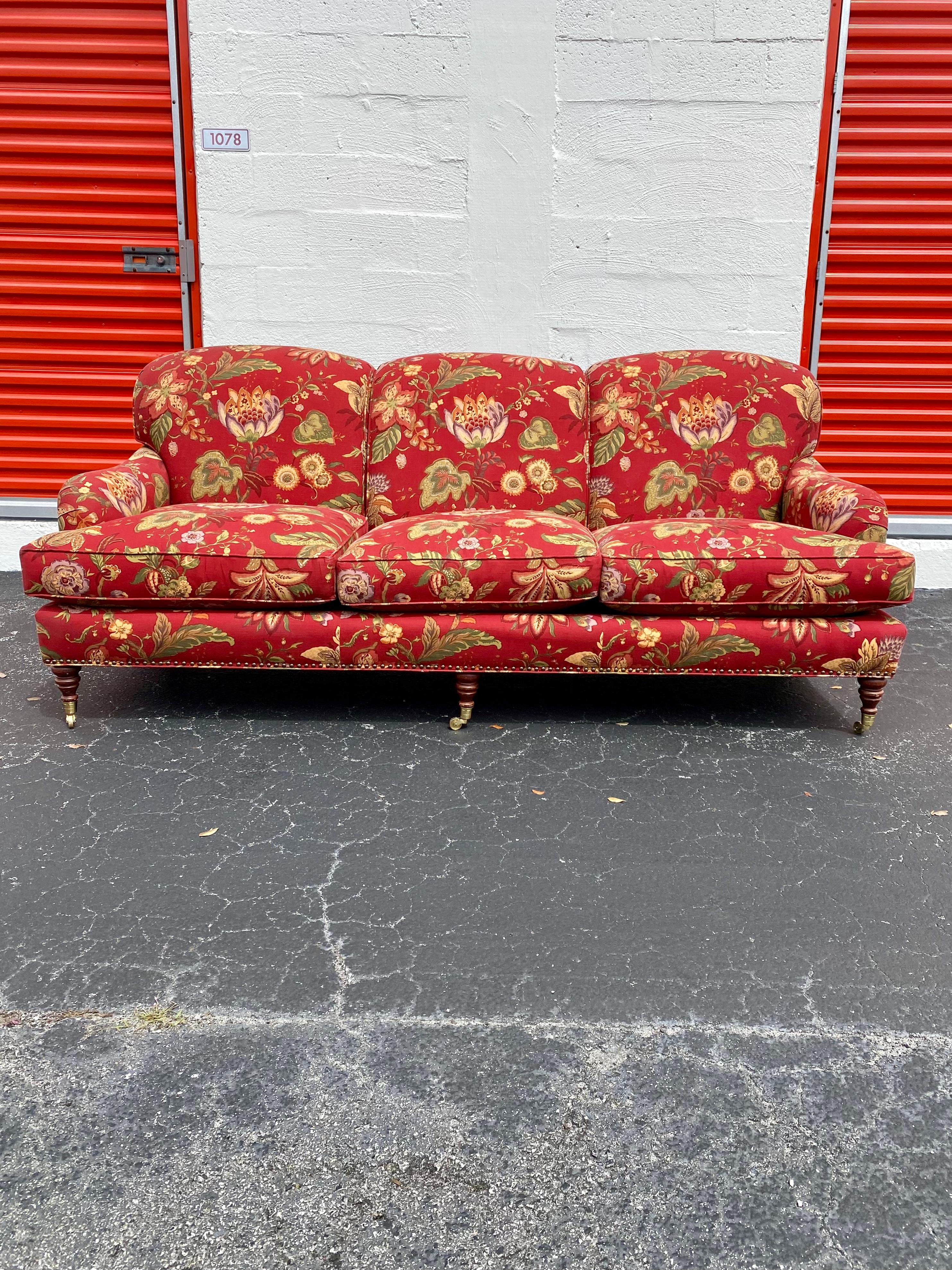 On offer on this occasion is one of the most stunning and rare, floral linen sofa you could hope to find. Outstanding design is exhibited throughout. The beautiful sofa is statement piece which is also extremely comfortable and packed with