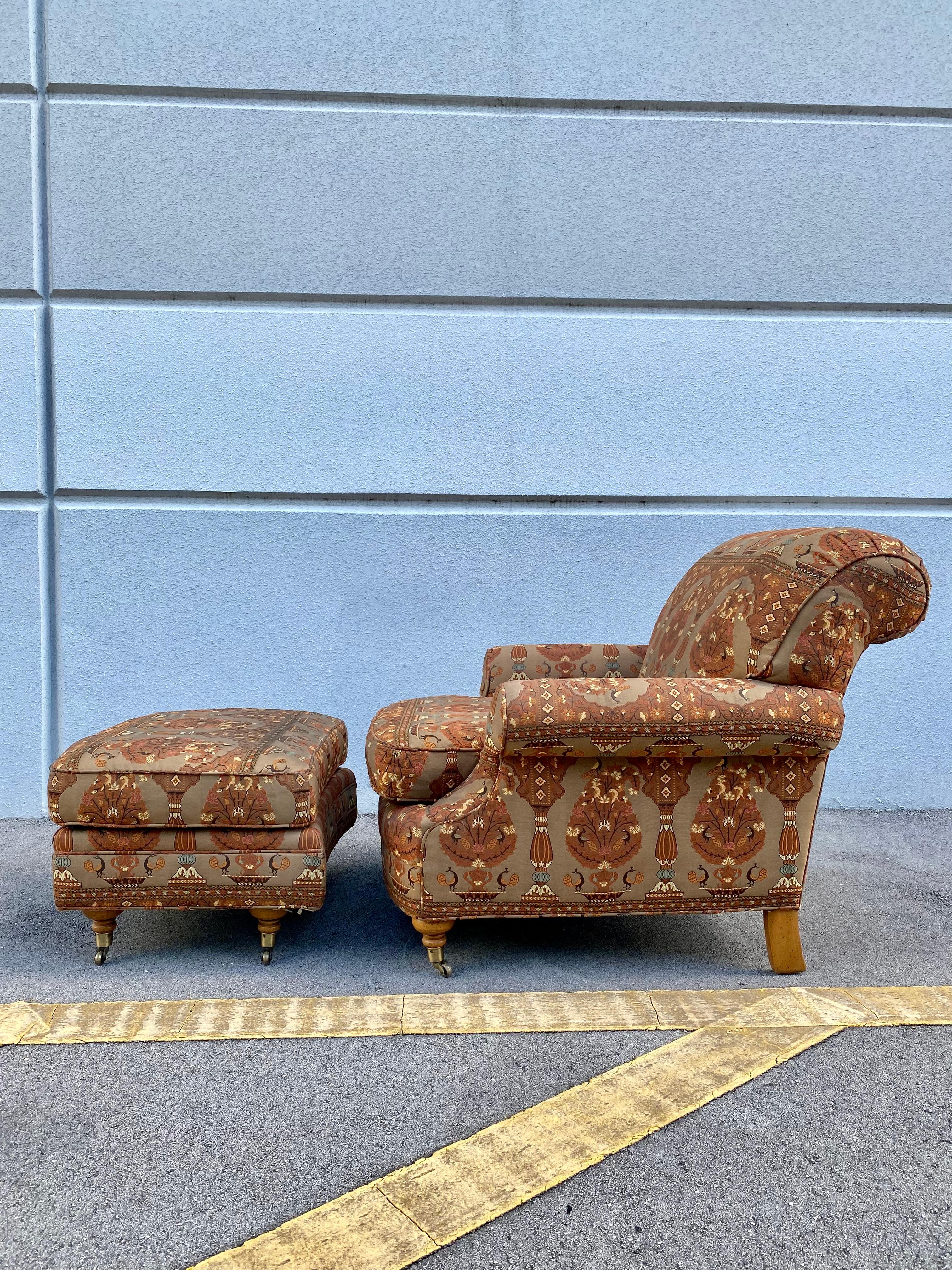 1980s Attributed to George Smith Textile Armchair & Ottoman, Set of 2 For Sale 7