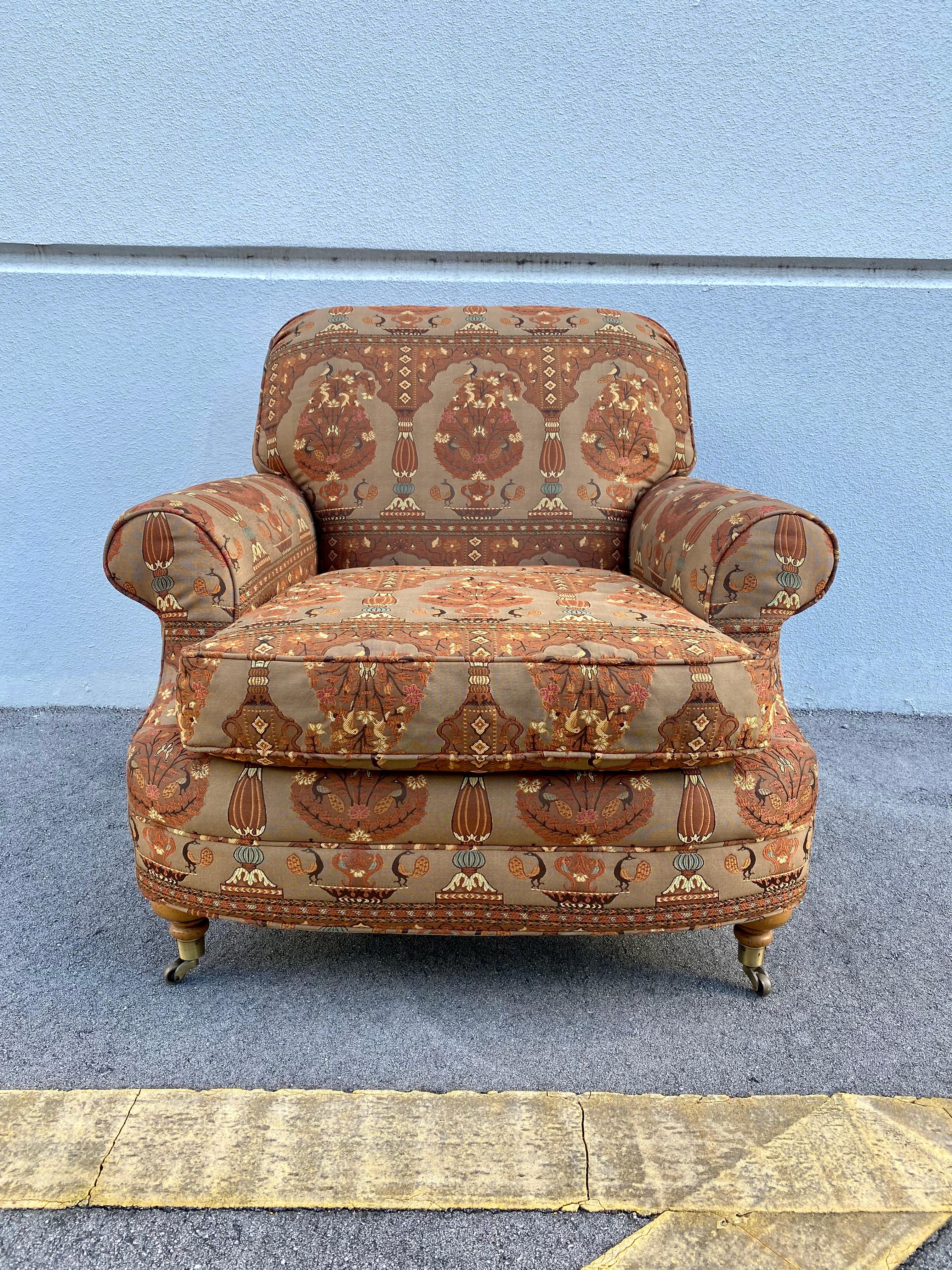 Bohemian 1980s Attributed to George Smith Textile Armchair & Ottoman, Set of 2 For Sale