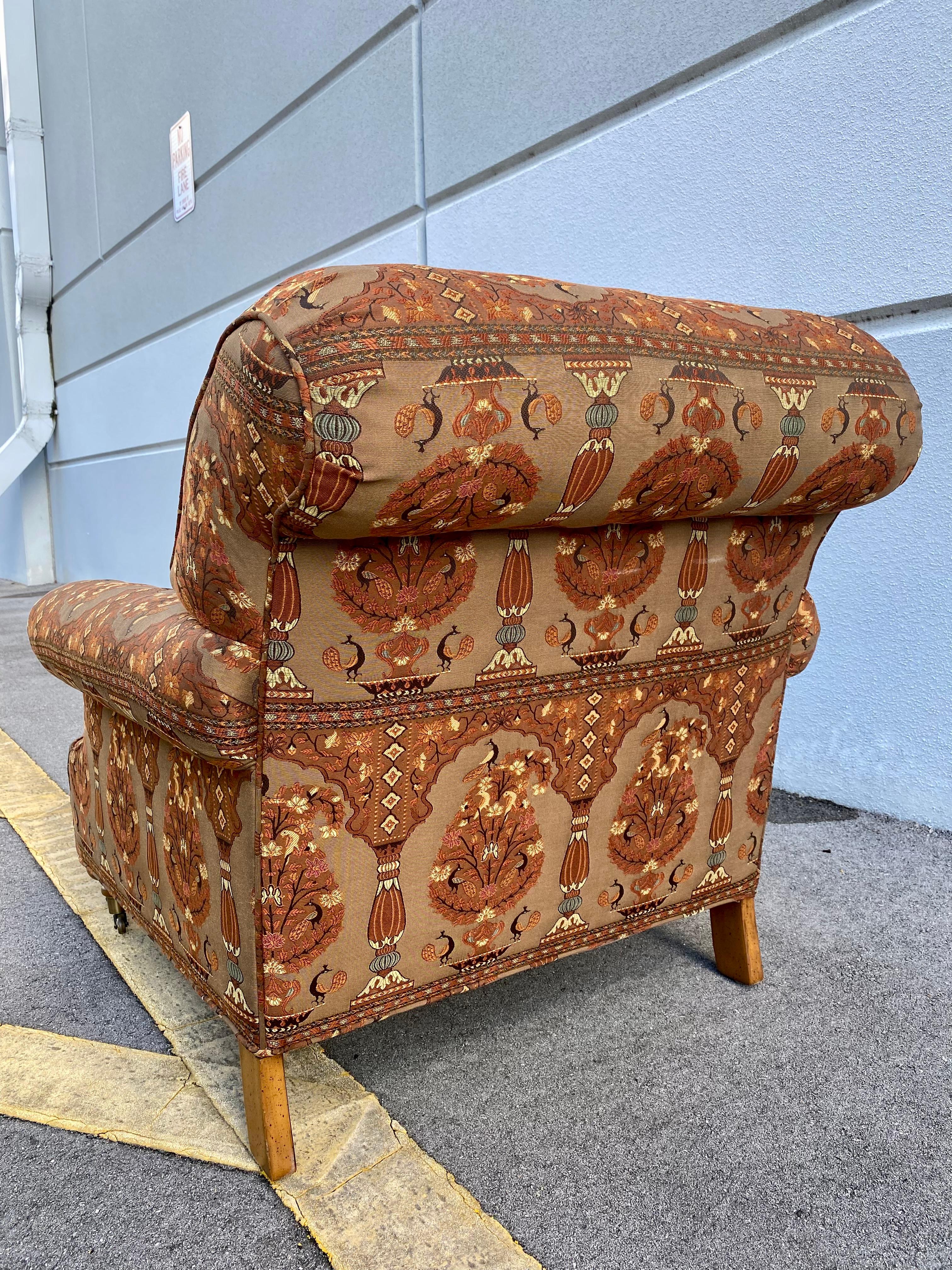 English 1980s Attributed to George Smith Textile Armchair & Ottoman, Set of 2 For Sale