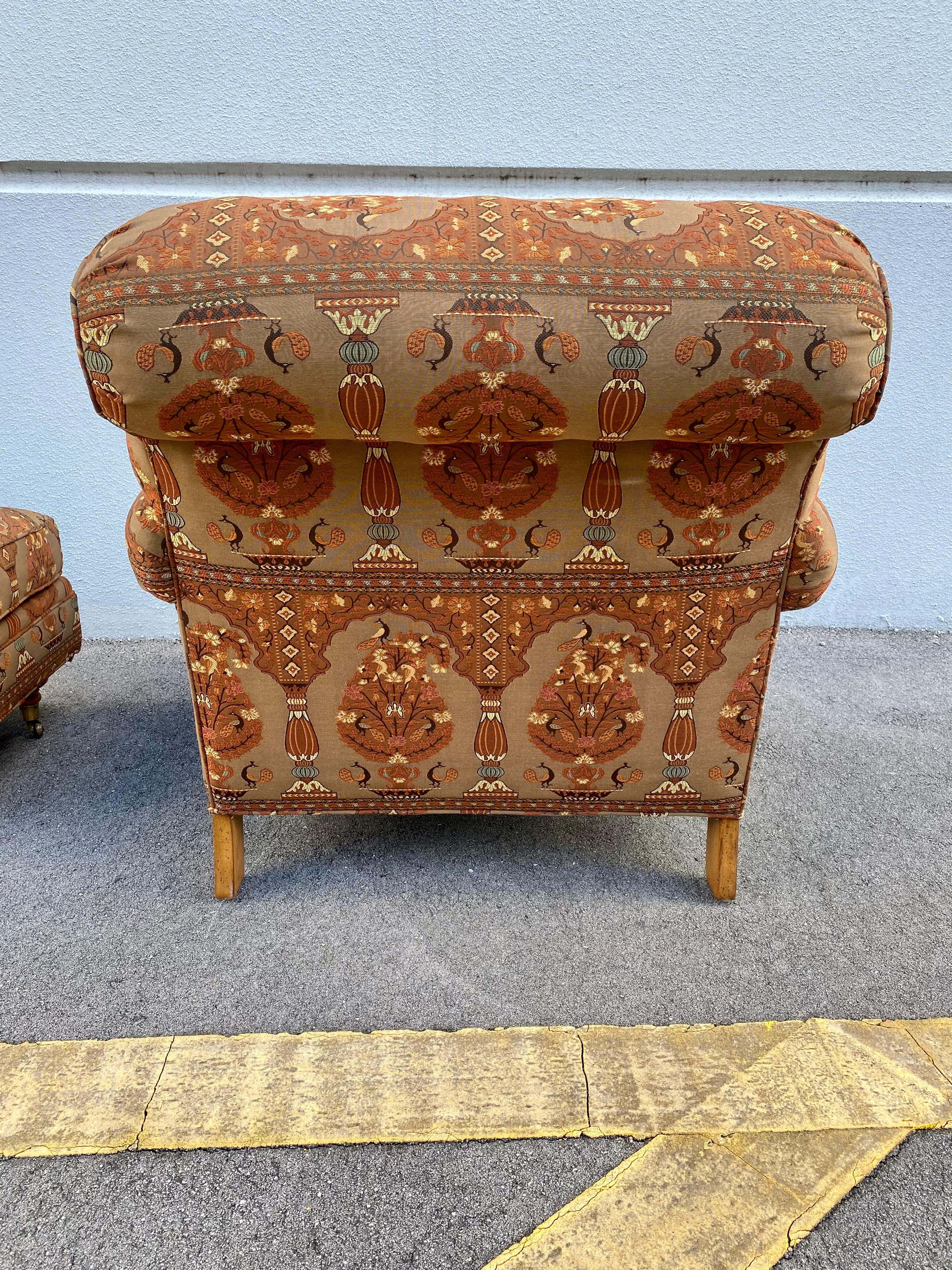 Late 20th Century 1980s Attributed to George Smith Textile Armchair & Ottoman, Set of 2 For Sale