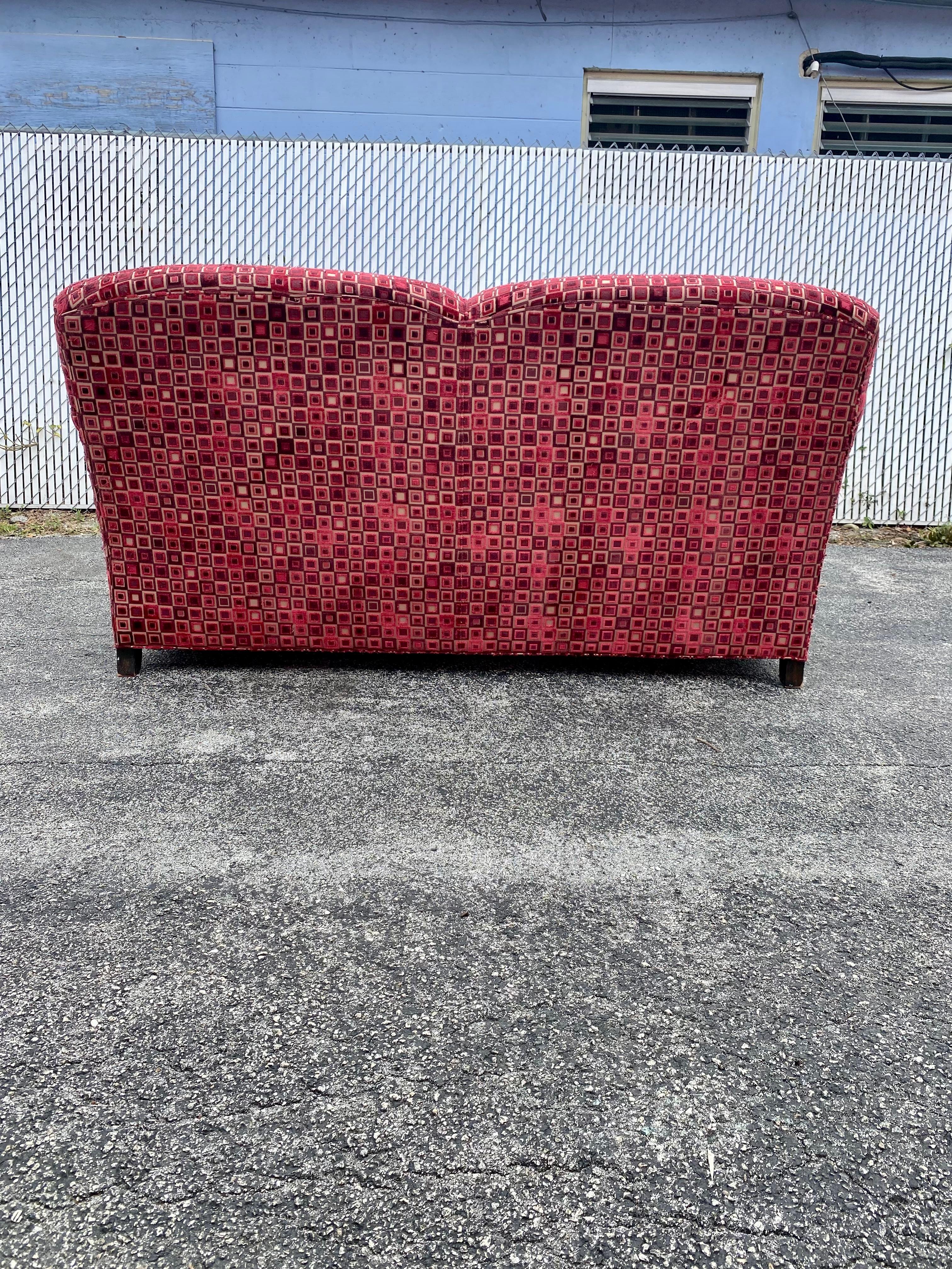 1970s Attributed to George Smith Velvet Jack Larsen Style Sofa on Castors In Good Condition For Sale In Fort Lauderdale, FL