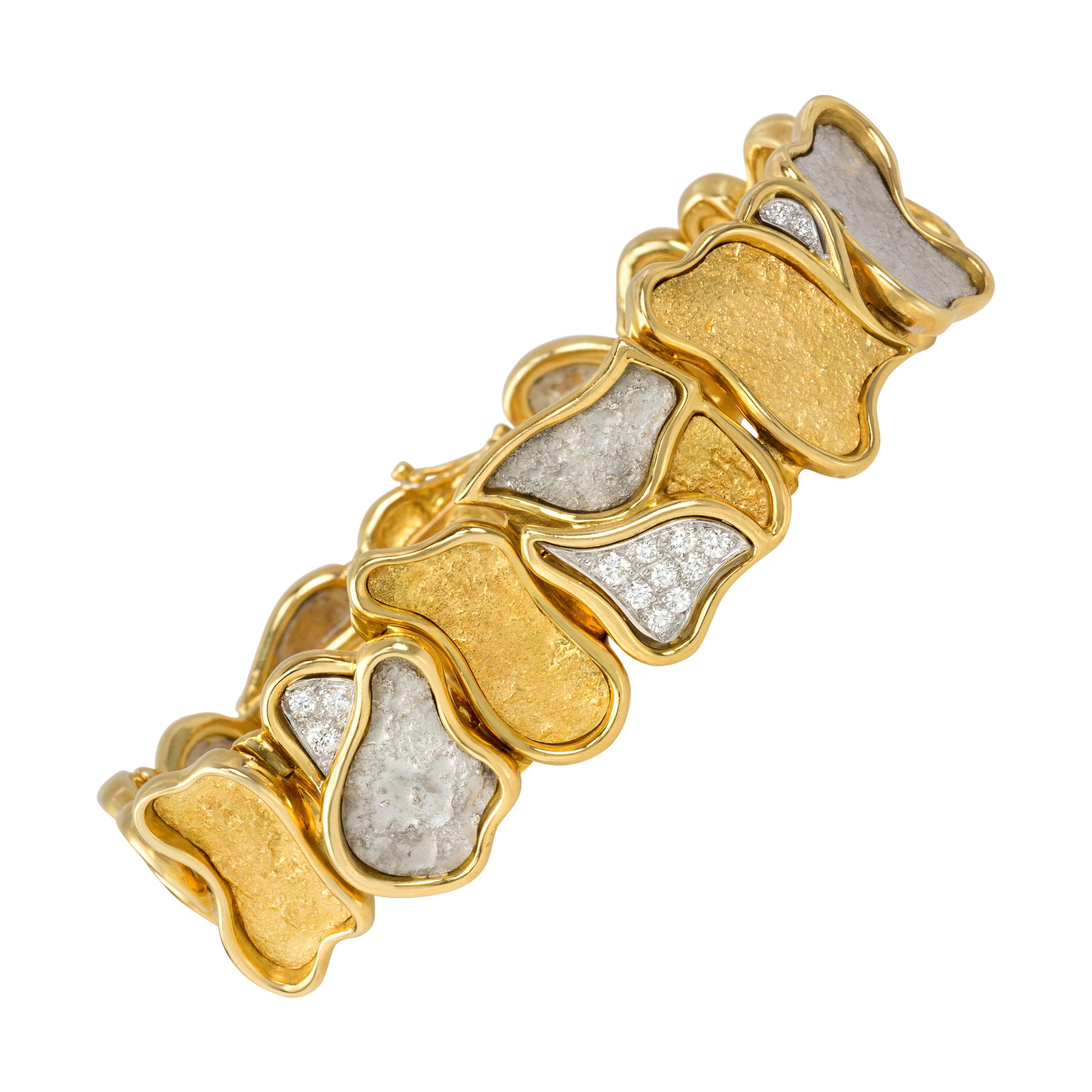 1970s Julia Plana Diamond and Textured Gold, Organic Design Bracelet