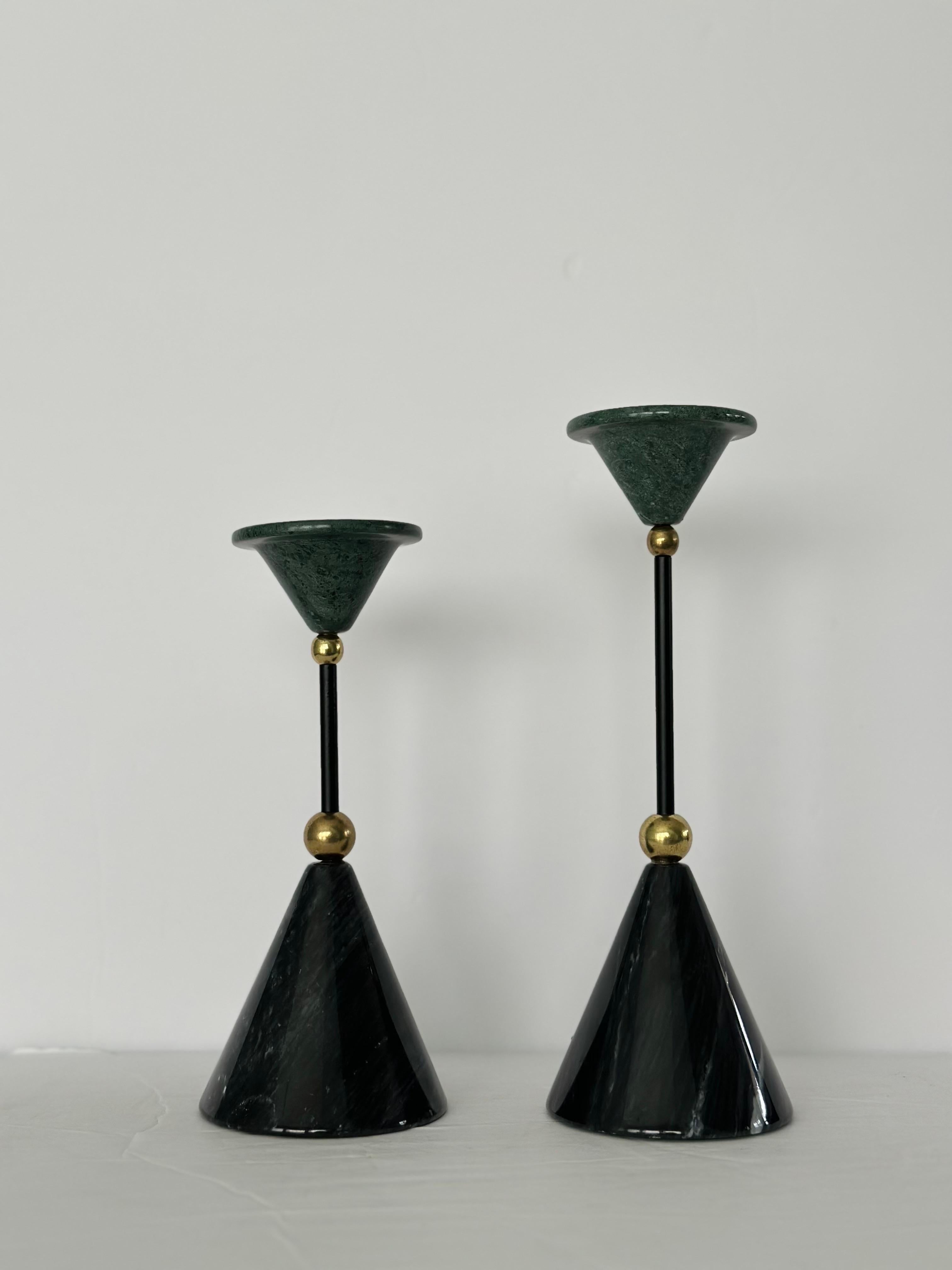 Post-Modern 1980s Avant-Garde Black and Green Marble Stone Brass Cones Candlesticks - a Pair For Sale