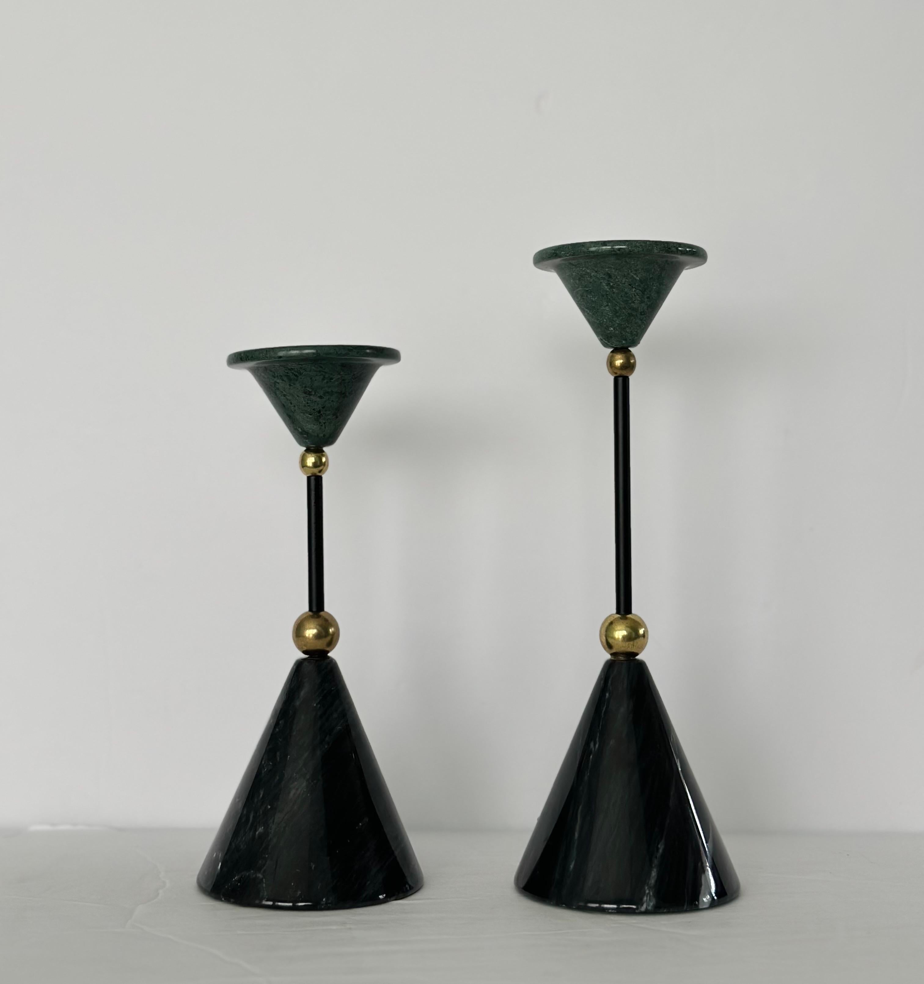 American 1980s Avant-Garde Black and Green Marble Stone Brass Cones Candlesticks - a Pair For Sale
