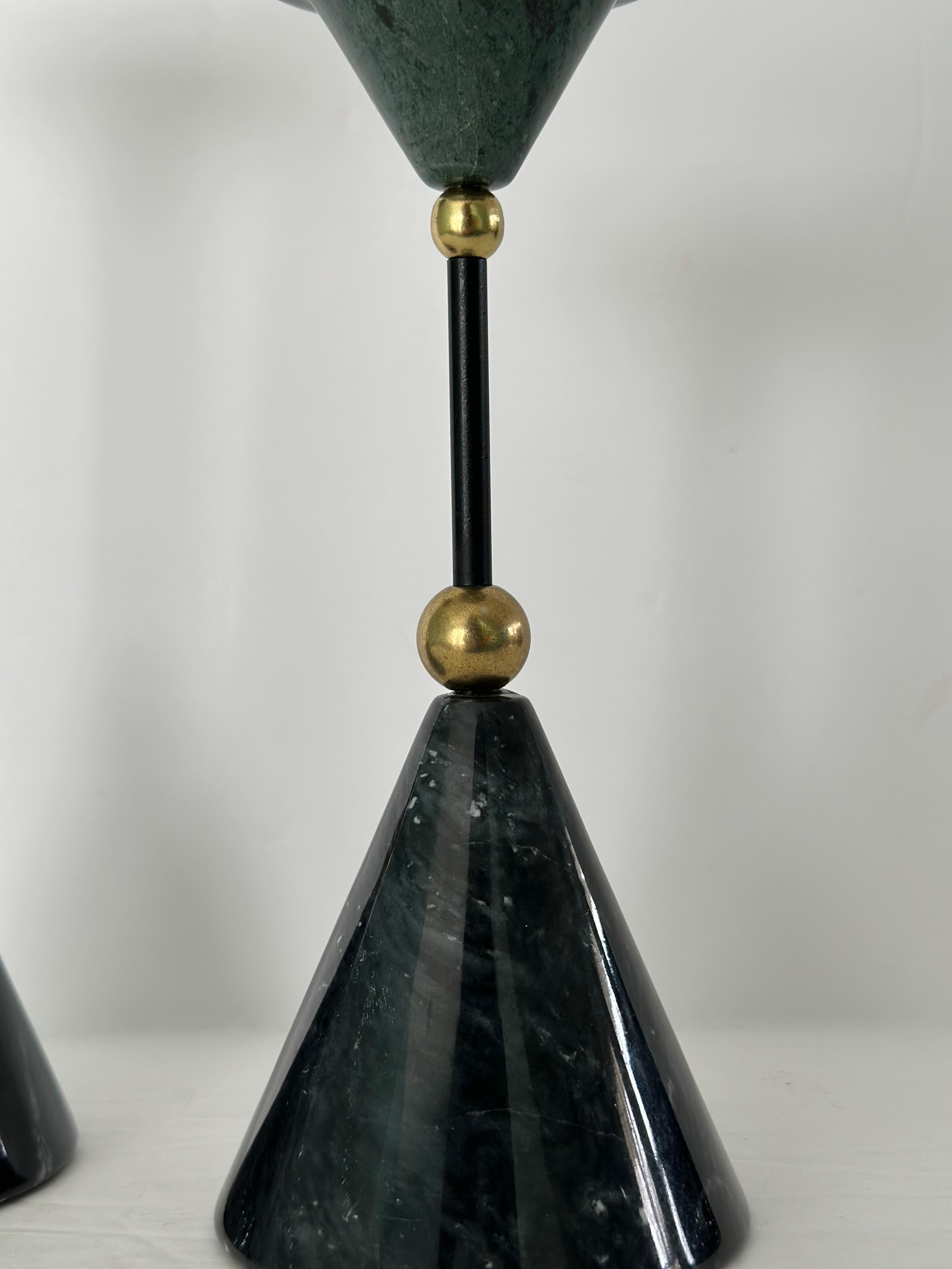 Late 20th Century 1980s Avant-Garde Black and Green Marble Stone Brass Cones Candlesticks - a Pair For Sale