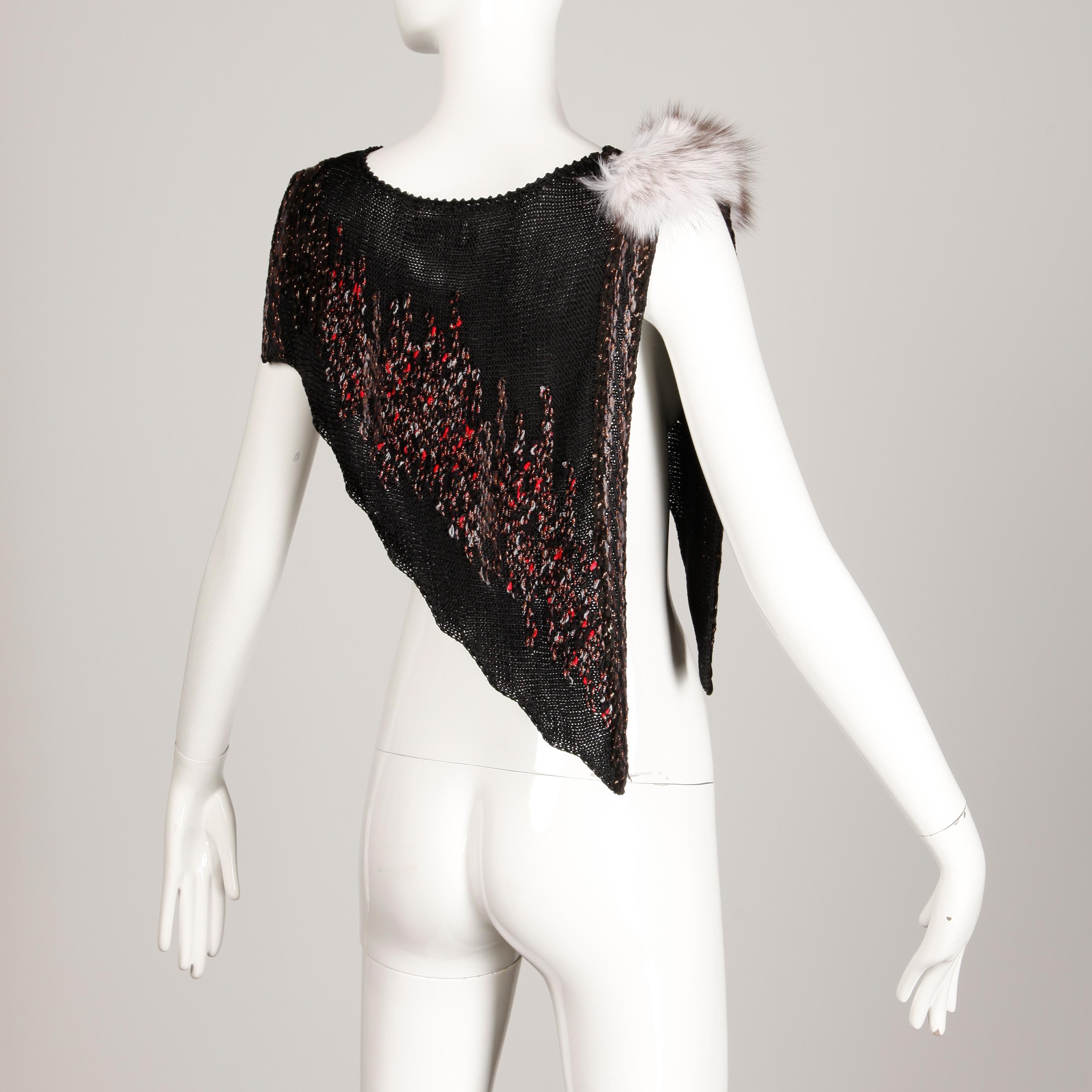 Black 1980s Avant Garde Vintage Knit Top with Fox Fur Detail For Sale