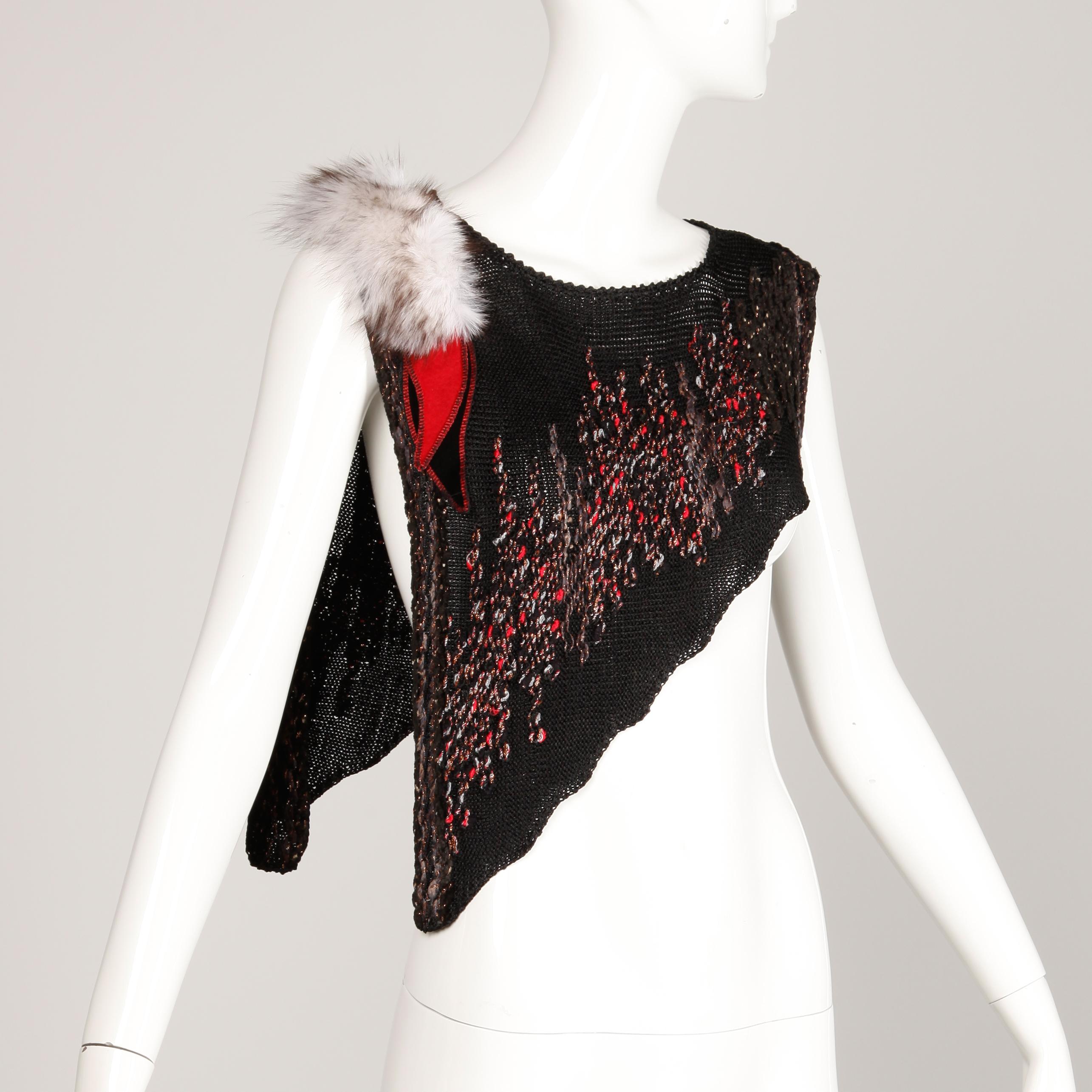 Women's 1980s Avant Garde Vintage Knit Top with Fox Fur Detail For Sale