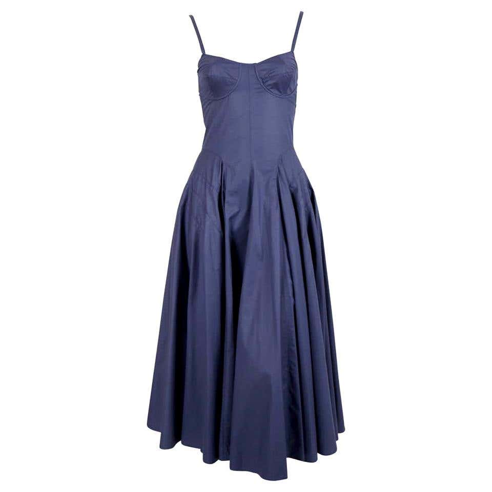 1980's AZZEDINE ALAIA blue cotton bustier dress with full button back ...